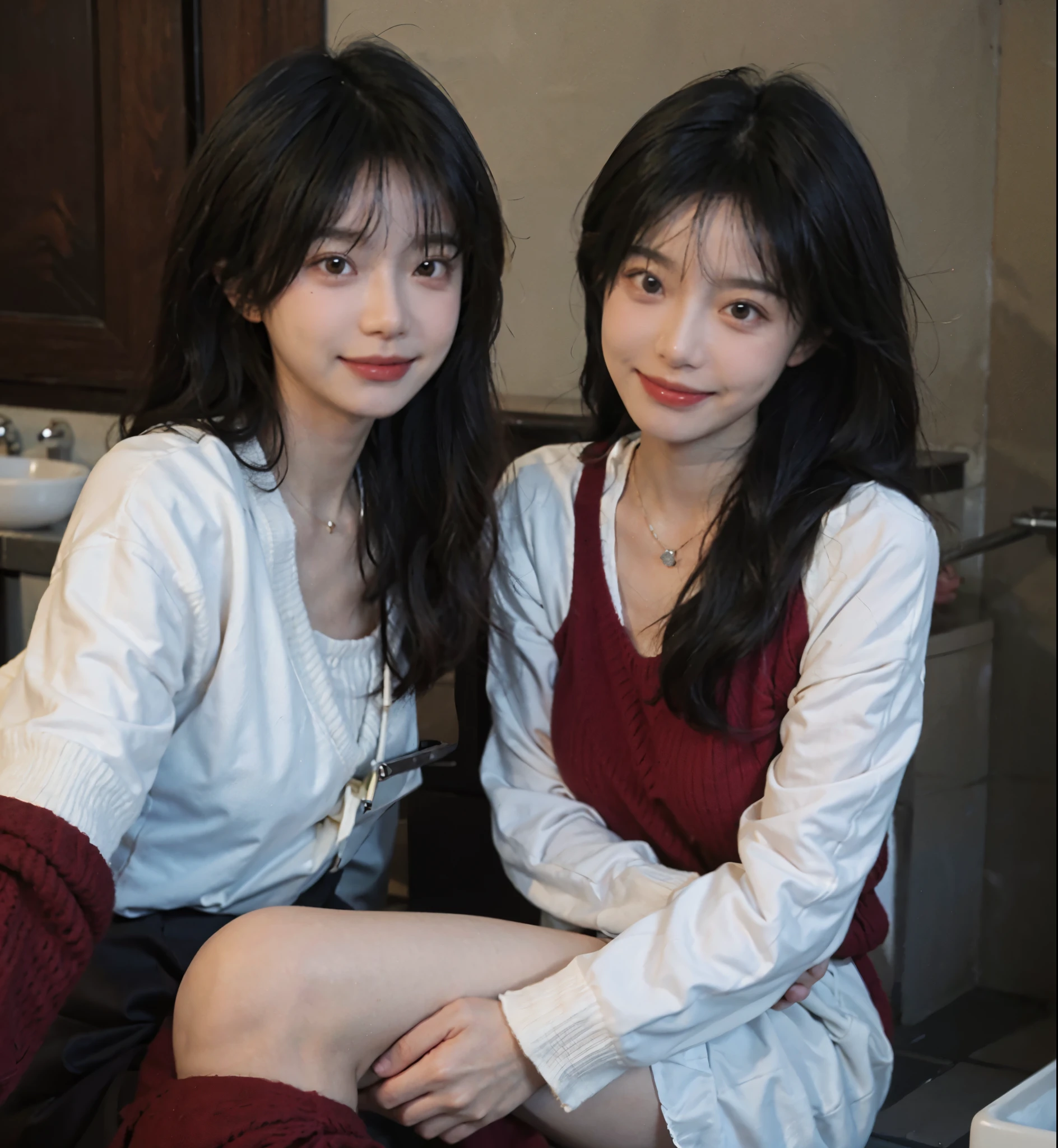 best quality，masterpiece，ultra high resolution，（realistically：1.4），2 girls，Red sweater dress,Red sweater dress,Selfie，big wavy hair，Oval face，charming smile，double eyelids，A pair of peach blossom eyes，，pure，necklace，Lovely，translucent skin，Looking directly at the viewer，bathroom，bath，full of atmosphere，hairpin：1.4，（upper part of body：1.4），