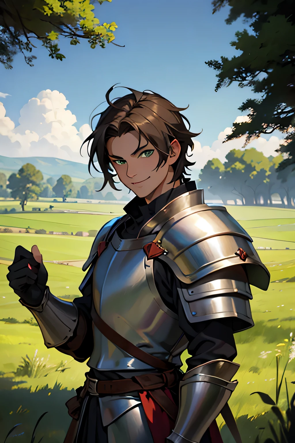 armadura medieval leve, cabelo escuro curto, Olhos verdes escuros, Sorriso, forte, um campo ao fundo, medieval, homem, Estilo Anime, jovem