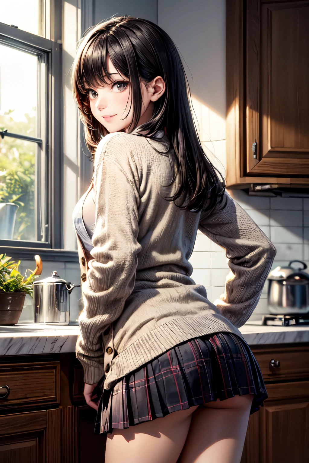 very cute and beautiful girl standing in kitchen,(highly detailed beautiful face),white blouse,(smile), cowboy shot,(beige cardigan:1.2) BREAK (looking back,from behind),leaning forward,looking at viewer, (pleated plaid mini skirt:1.2),from below,white panties, black hair,kitchen pot,white tea cups and dishes,seasoning bottles, (best quality,masterpiece:1.2),absurdres,highres,ultra-detailed,extremely detailed,32k,8k resolution, intricate details,cinematic scene,detailed background,solo,dynamic angle,