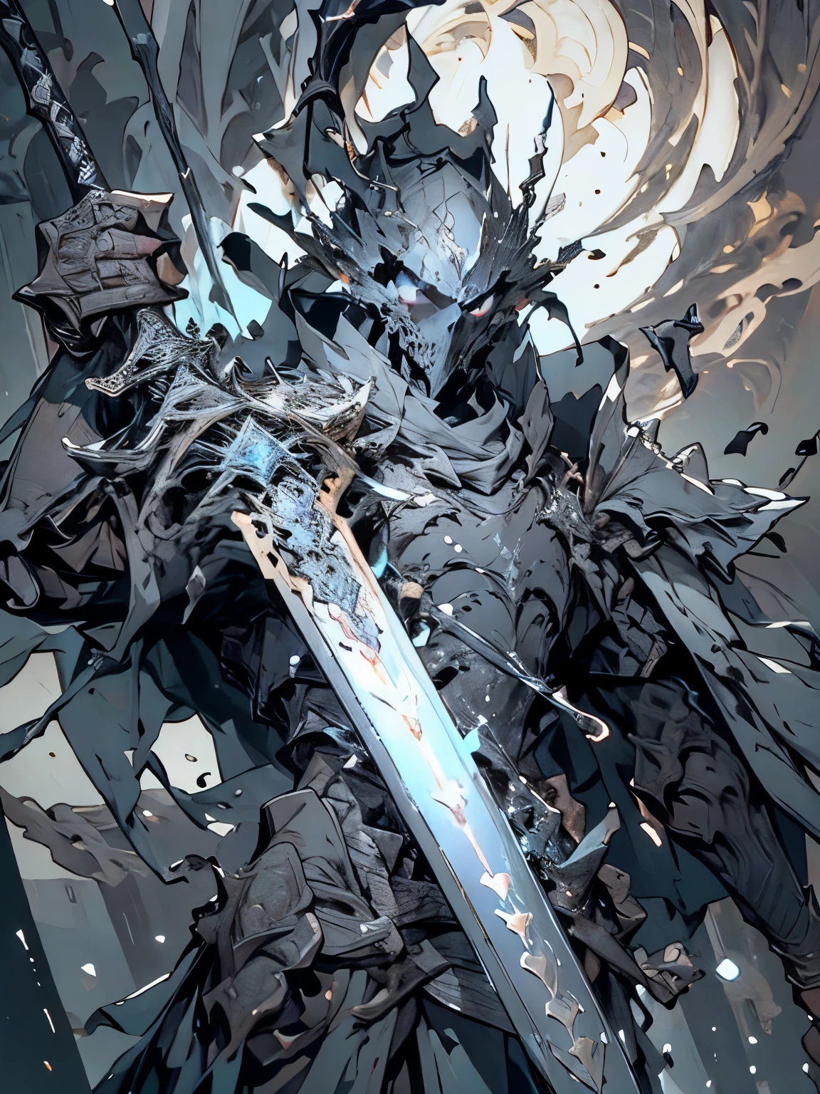 fallen knight,knight, skeleton king, undead knight, dark souls style, epic fantasy weapon art, dark souls concept, 4K, model, masterpiece, best quality:1.3),extremely high detailed, intricate, 8k, HDR, wallpaper, cinematic lighting, (universe),(shooting position), glowing, armor, glowing eyes, large black wings, Male, death presence, light guardian, sword on waist, bloodstained armor, wskull mask, destoryed battlefield setting