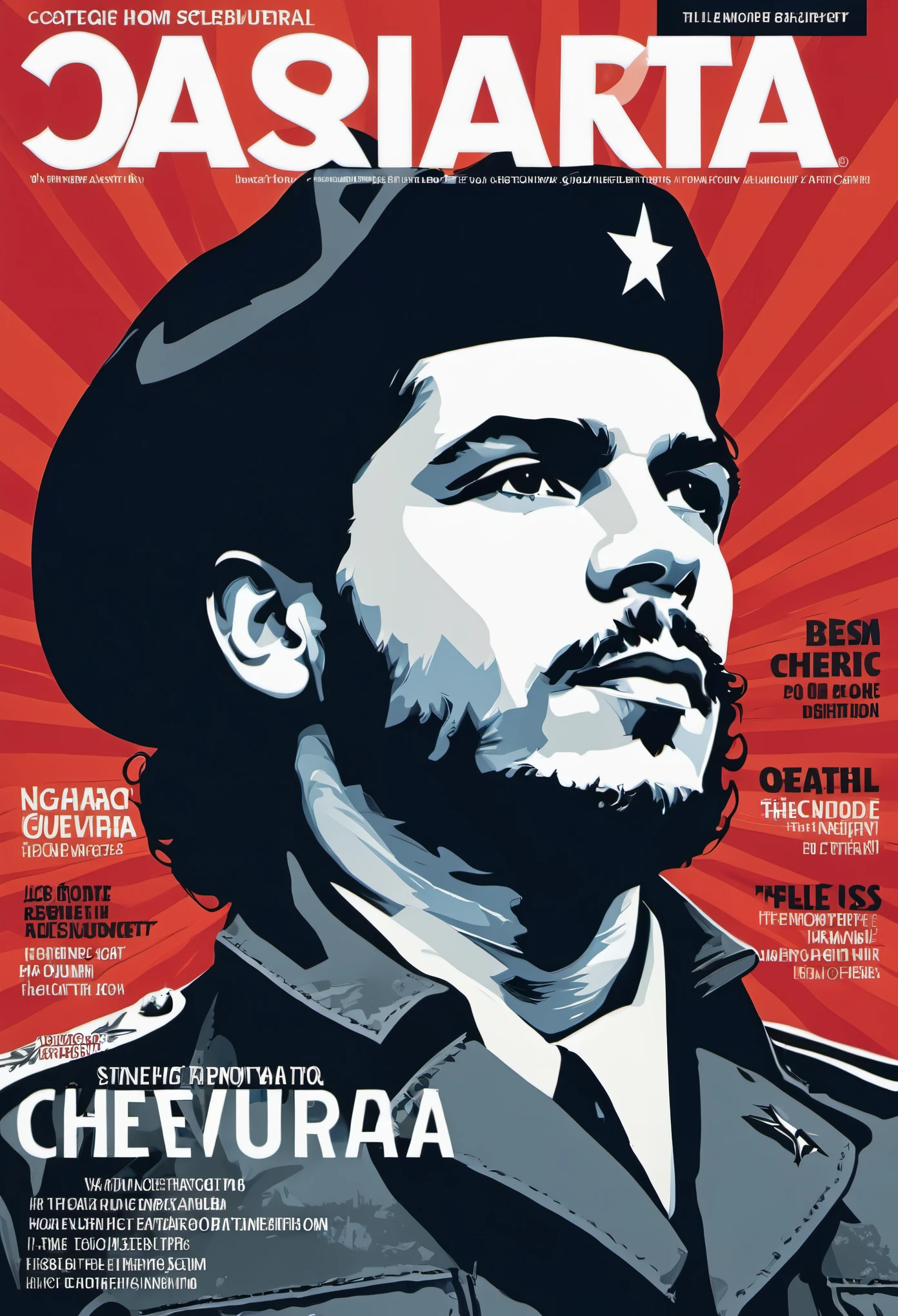 A dynamic and captivating magazine cover, featuring the iconic image of Che Guevara. The cover should be designed in a retro yet modern style, with bold colors and strong graphic elements. Che Guevara's face should be front and center, his intense gaze fixed on the viewer. His beard should be neatly trimmed, and his hair should flow freely. The background should be a blend of abstract shapes and patterns, complementing the overall aesthetic of the cover. The title of the magazine should be prominently displayed, with a font that is both elegant and powerful. Overall, the cover should evoke a sense of revolution, passion, and courage, paying homage to the legacy of Che Guevara