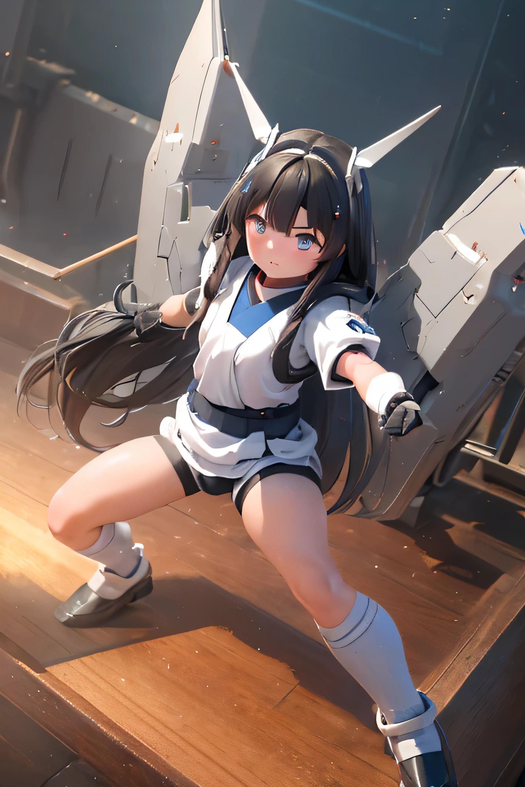 (highest quality)), ((masterpiece)), (very detailed: 1.3), 3D, {(one young girl)}, (Wearing dark blue bloomers and white gym clothes、Add a colored hem to the bottom of the armor:1.2), (black hair:1.5), Wearing a futuristic Gundam mecha,(heavy armor gundam), with headgear, With V fins , armored shoulder,Equipped with armor under the armpits, Armor is attached under the legs, short sleeve, Perfect proportions with multi-layered texture, octane rendering, Duotone lighting, Low ISO, wide aperture, White balance, Rule of thirds, Ultra HD16K, HDR (high dynamic range), ray tracing, NVIDIA RTX, super resolution, scattered below the surface, PBR texturing, Post-processing, anisotropic filtering, written boundary depth, maximum clarity and clarity, High efficiency subpixel, subpixel convolution, particles of light, scattered light, Tyndall effect, full body:1.5, battle pose, cute, (cute:1.2), (long hair:1.3),thick eyebrows, bright colored iris, big, shining black eyes, long eyelashes, small, pale natural lips, (Average Japanese idol face), (日本人特有のbaby face:1.3), (baby face), wide forehead:1.2, plump cheeks, small chin, Two huge weapons are attached to its back.., in the hangar,looking at the viewer,focus on the eyes