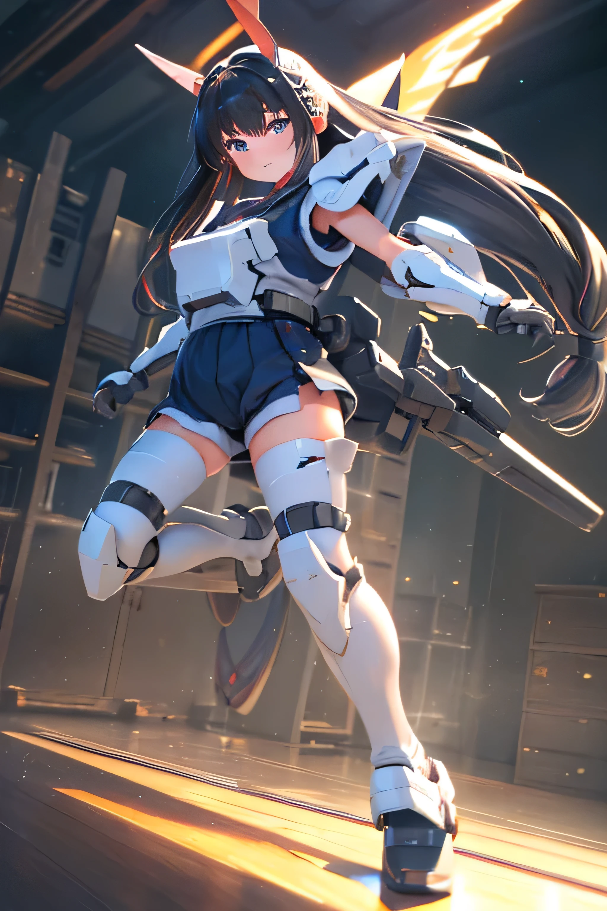 (highest quality)), ((masterpiece)), (very detailed: 1.3), 3D, {(one young girl)}, (Wearing dark blue bloomers and white gym clothes、Add a colored hem to the bottom of the armor:1.2), (black hair:1.5), Wearing a futuristic Gundam mecha,(heavy armor gundam), with headgear, With V fins , armored shoulder,Equipped with armor under the armpits, Armor is attached under the legs, short sleeve, Perfect proportions with multi-layered texture, octane rendering, Duotone lighting, Low ISO, wide aperture, White balance, Rule of thirds, Ultra HD16K, HDR (high dynamic range), ray tracing, NVIDIA RTX, super resolution, scattered below the surface, PBR texturing, Post-processing, anisotropic filtering, written boundary depth, maximum clarity and clarity, High efficiency subpixel, subpixel convolution, particles of light, scattered light, Tyndall effect, full body:1.5, battle pose, cute, (cute:1.2), (long hair:1.3),thick eyebrows, bright colored iris, big, shining black eyes, long eyelashes, small, pale natural lips, (Average Japanese idol face), (日本人特有のbaby face:1.3), (), wide forehead:1.2, plump cheeks, small chin, Two huge weapons are attached to its back.., in the hangar,looking at the viewer,focus on the eyes