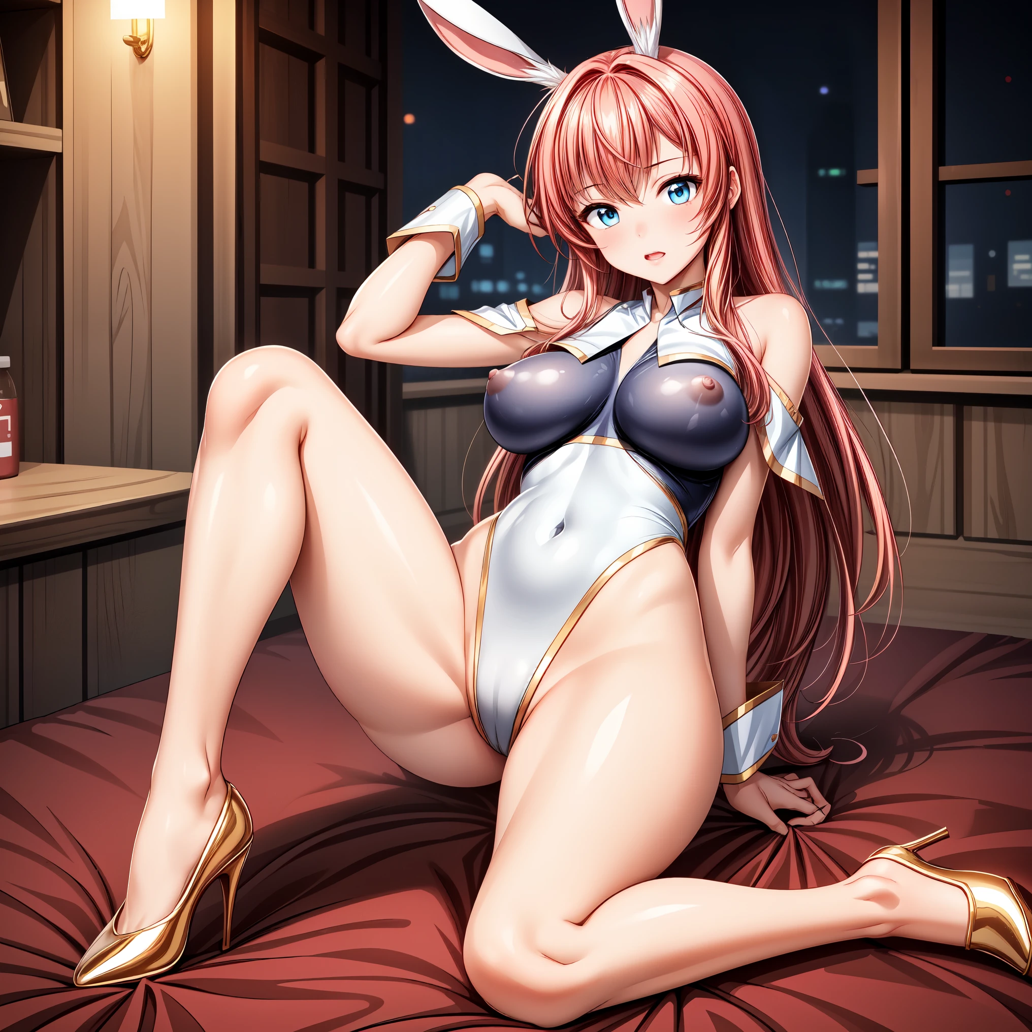 masterpiece, highest quality,beautiful eyes, beautiful hair, beautiful face, beautiful skin, solo, 1 girl, erect nipples, anime girl, curvy, beautiful breasts,shiny skin,shining eyes, smooth skin, glowing skin, soft skin, shiny skin, (Gold and blue high leg leotard), bare legs, high heels, embarrassed, fake rabbit ears, (bare neck:1.3), (bare shoulder:1.3), (bare collarbone:1.3), full body