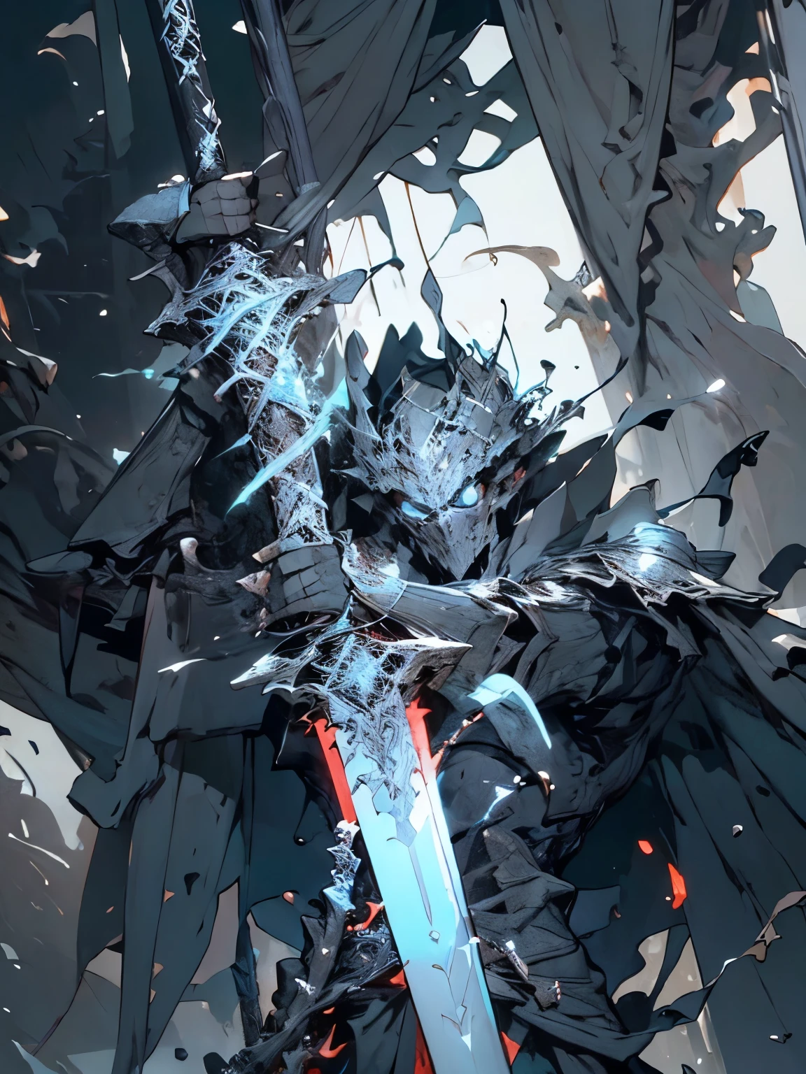 fallen knight,knight, skeleton king, undead knight, dark souls style, epic fantasy weapon art, dark souls concept, 4K, model, masterpiece, best quality:1.3),extremely high detailed, intricate, 8k, HDR, wallpaper, cinematic lighting, (universe),(shooting position), glowing, armor, glowing eyes, large black wings, Male, death presence, light guardian, sword on waist, bloodstained armor, wskull mask, destoryed battlefield setting
