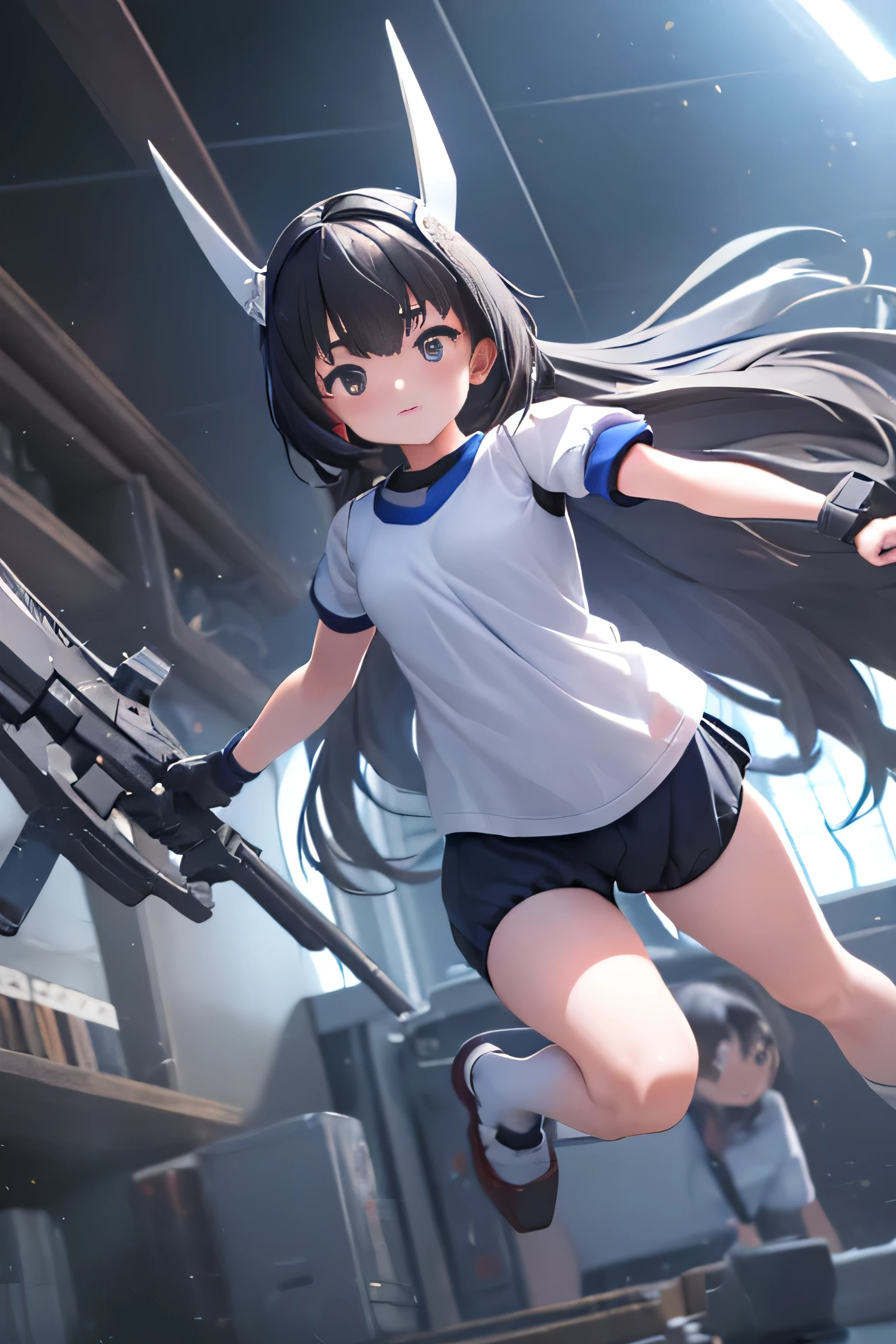 (highest quality)), ((masterpiece)), (very detailed: 1.3), 3D, {(one young girl)}, (Wearing dark blue bloomers and white gym clothes、Add a colored hem to the bottom of the armor:1.2), (black hair:1.5), Wearing a futuristic Gundam mecha,(heavy armor gundam), with headgear, With V fins , armored shoulder,Equipped with armor under the armpits, Armor is attached under the legs, short sleeve, Perfect proportions with multi-layered texture, octane rendering, Duotone lighting, Low ISO, wide aperture, White balance, Rule of thirds, Ultra HD16K, HDR (high dynamic range), ray tracing, NVIDIA RTX, super resolution, scattered below the surface, PBR texturing, Post-processing, anisotropic filtering, written boundary depth, maximum clarity and clarity, High efficiency subpixel, subpixel convolution, particles of light, scattered light, Tyndall effect, full body:1.5, battle pose, cute, (cute:1.2), (long hair:1.3),thick eyebrows, bright colored iris, big, shining black eyes, long eyelashes, small, pale natural lips, (Average Japanese idol face), (日本人特有のbaby face:1.3), (baby face), wide forehead:1.2, plump cheeks, small chin, Two huge weapons are attached to its back.., in the hangar,looking at the viewer,focus on the eyes