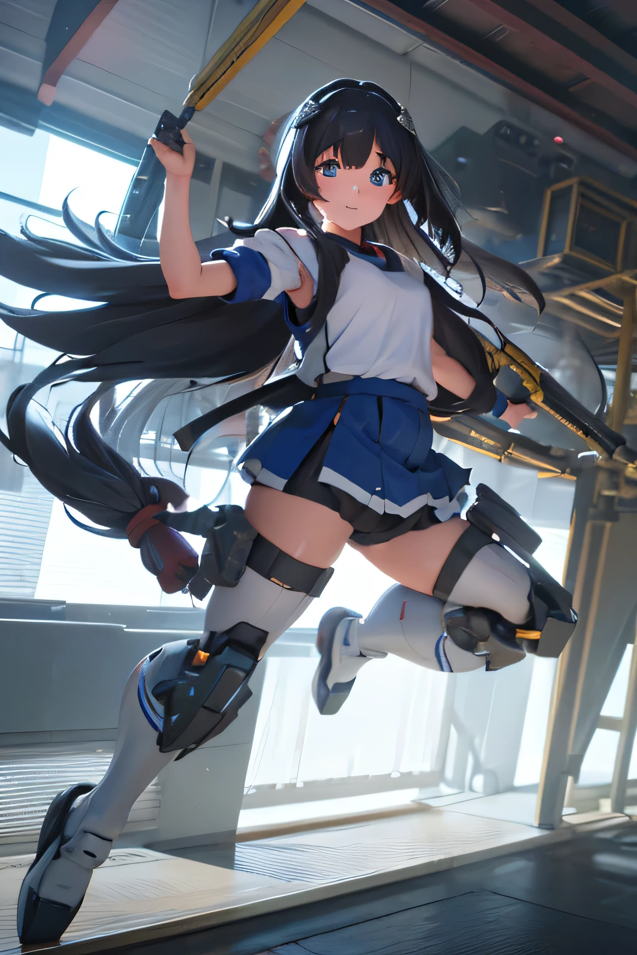 (highest quality)), ((masterpiece)), (very detailed: 1.3), 3D, {(one young girl)}, (Wearing dark blue bloomers and white gym clothes、Add a colored hem to the bottom of the armor:1.2), (black hair:1.5), Wearing a futuristic Gundam mecha,(heavy armor gundam), with headgear, With V fins , armored shoulder,Equipped with armor under the armpits, Armor is attached under the legs, short sleeve, Perfect proportions with multi-layered texture, octane rendering, Duotone lighting, Low ISO, wide aperture, White balance, Rule of thirds, Ultra HD16K, HDR (high dynamic range), ray tracing, NVIDIA RTX, super resolution, scattered below the surface, PBR texturing, Post-processing, anisotropic filtering, written boundary depth, maximum clarity and clarity, High efficiency subpixel, subpixel convolution, particles of light, scattered light, Tyndall effect, full body:1.5, battle pose, cute, (cute:1.2), (long hair:1.3),thick eyebrows, bright colored iris, big, shining black eyes, long eyelashes, small, pale natural lips, (Average Japanese idol face), (日本人特有のbaby face:1.3), (baby face), wide forehead:1.2, plump cheeks, small chin, Two huge weapons are attached to its back.., in the hangar,looking at the viewer,focus on the eyes 