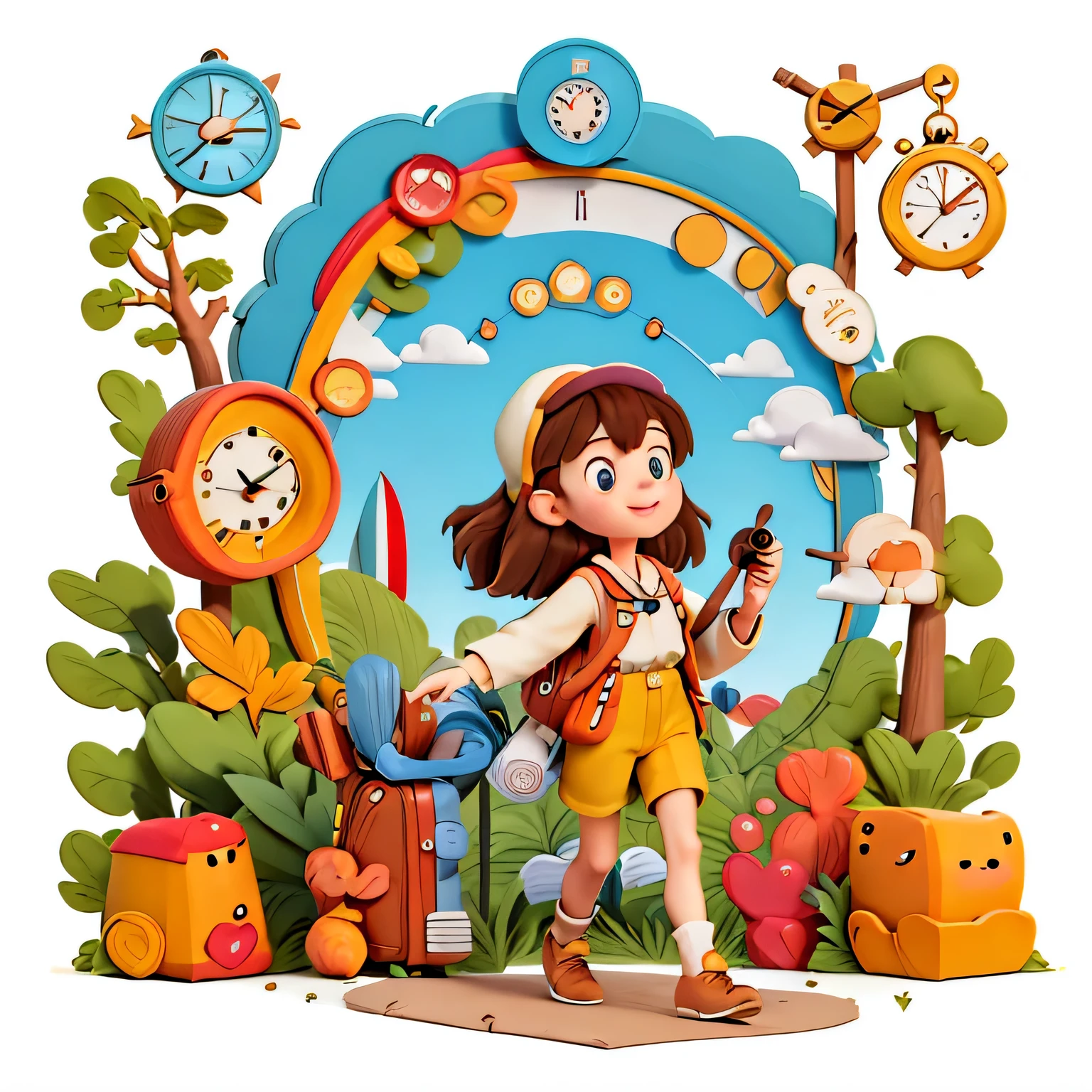 Girl with long brown hair，Put on your adventure clothes，（Walk in the forest），hand compass，Carrying a camping backpack（There is love）happy，surrounded by clocks，（surrounded by love），logo，vector，line art，design，inspiration，straight line，cheap