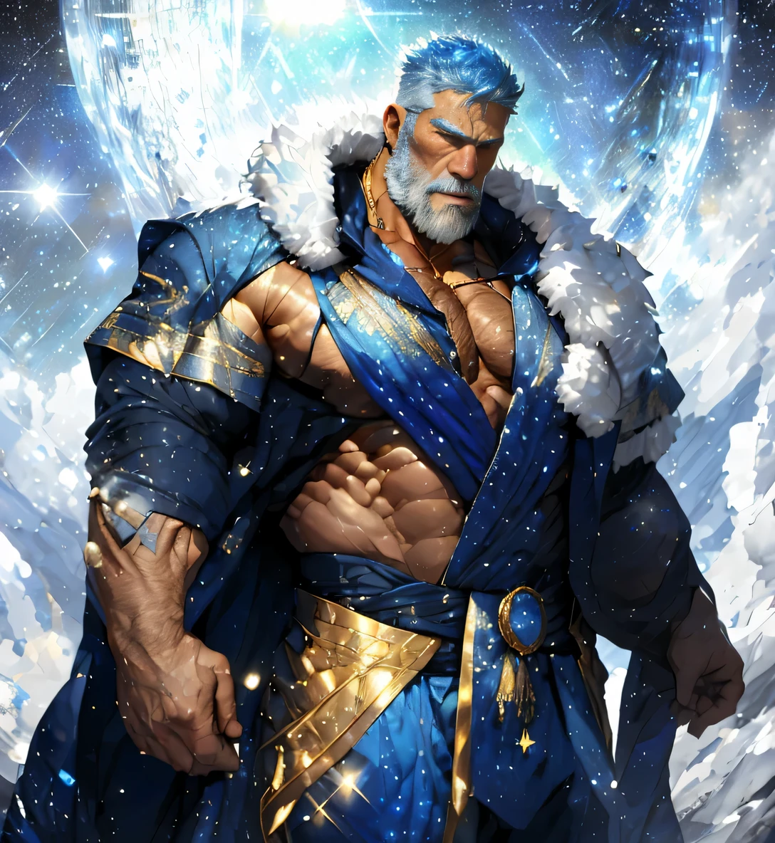 A big one, muscular old man，Fifty-five years old，royal blue tights，gold trim，He exposed his muscular chest，He showed off his great pecs，Energetic，Behind him are the brilliant starry sky and the cold polar regions