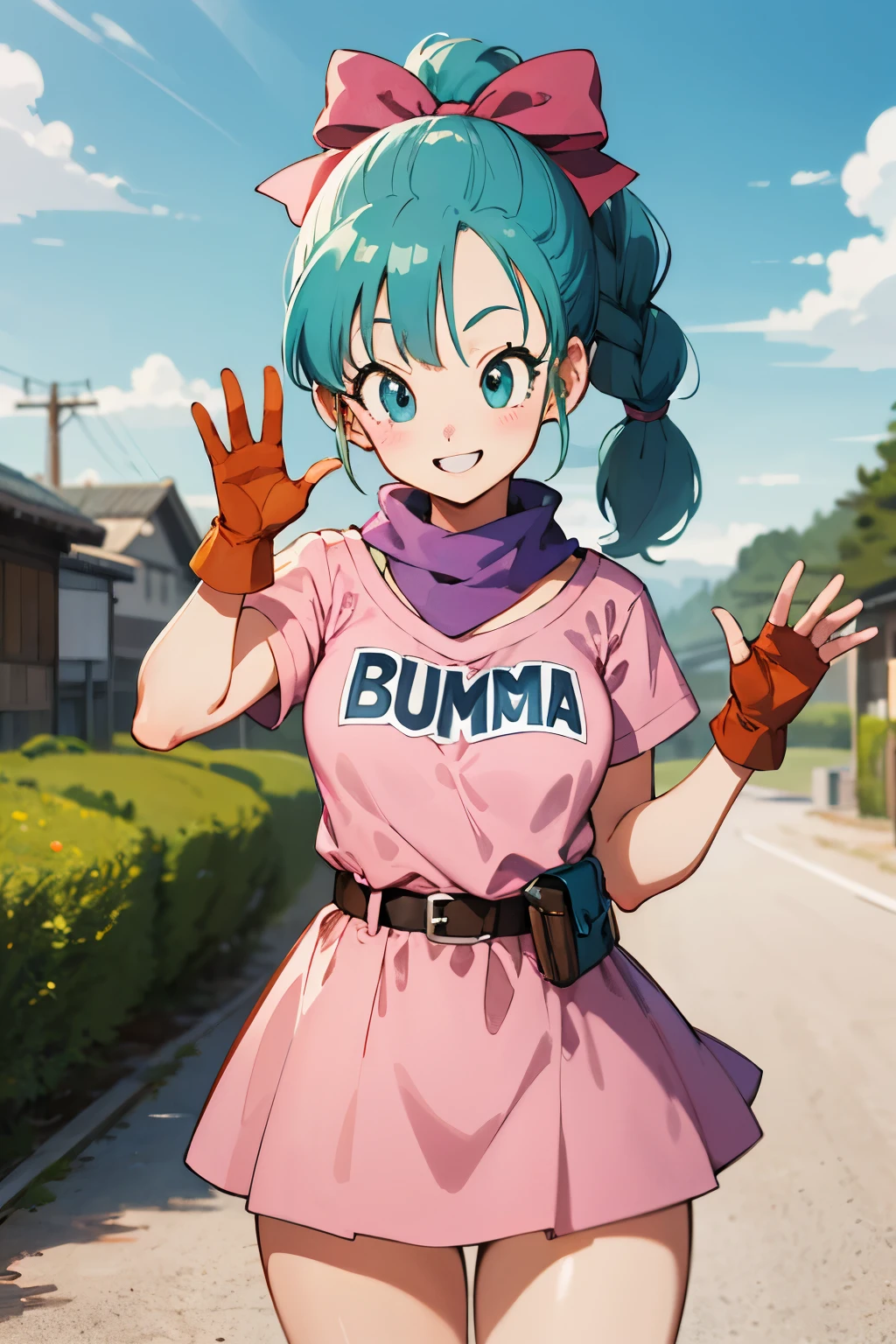 masterpiece, detailed eyes,detailed face,detailed skin,shiny skin,kyoto animation,best quality, highres, dragon ball, blmpony, aqua hair, hair ribbon, braided ponytail, pink shirt, belt, scarf, pink skirt, clothes writing, brown gloves, medium breasts, outdoors, cowboy shot, waving, smile