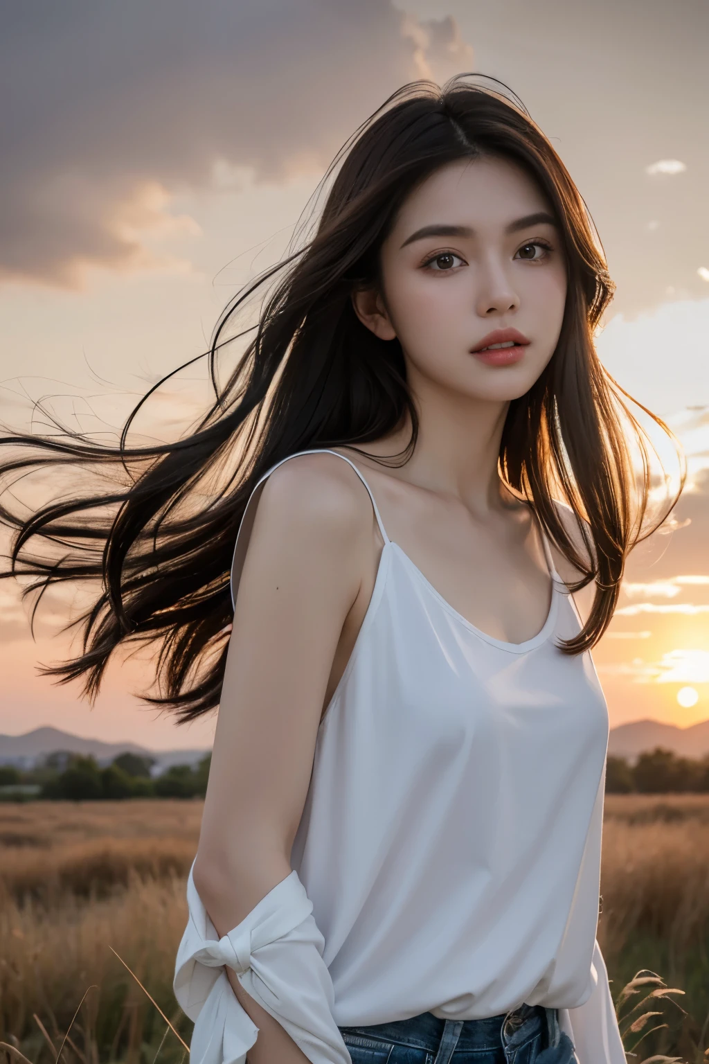 ((best quality,highest resolution,unified 8k,masterpiece:1.4))panoramic,original photo,real,a girl,Short flowing hair,(random clothes),Hair scattered by the wind,medium ,rosy lips,white shiny skin,Upper body,blurred background,grassland,dusk,halo