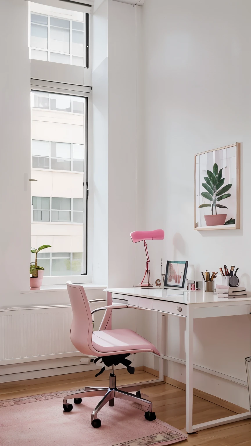 pink, office room, minimalist furniture, empty, aesthetic, beauty decoration, realistic style, plants, beauty poster