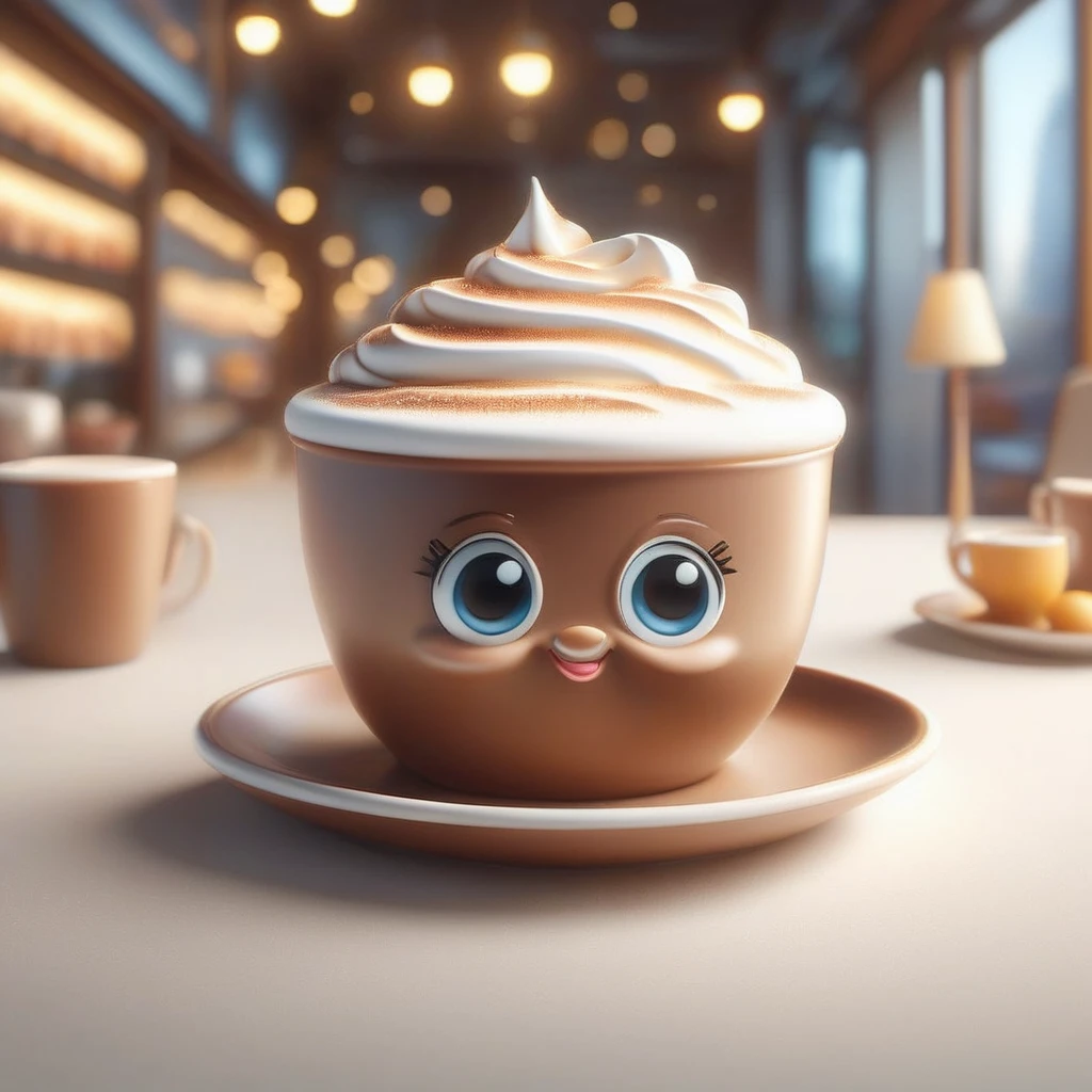 ((masterpiece), best quality, high quality, professional quality, highly detailed, very beautiful a close-up shot of instant present, a brown transparent coffee cup, milk foam bow, in theme cafe shop, charming, cartoon, cinematic light effect, charming, 3D, cute and whimsical, fantasy, bokeh, hand-drawn, digital painting, soft lighting, focus on the character, 4K resolution, photorealistic rendering, high quality details, vector image, photorealistic masterpiece, professional photography, floral background, isometry, bright vector, using cinema 4D, 8k