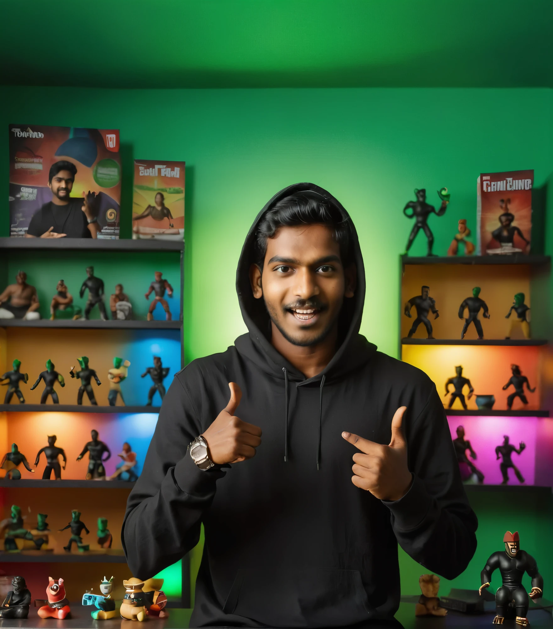 A 23-year-old South Indian man wearing a black t shirt, recording a YouTube video in a green mate background studio room. He energetically gestures while explaining about some topics, his face illuminated by the soft glow of the studio lights, showcasing his passion for content creation. Photography