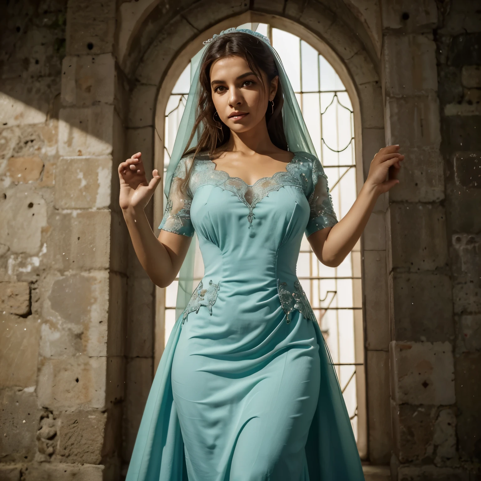 Garota intensa, sente-se em uma cadeira velha, fundo preto, Vestido branco vitoriano de 1500, luz difusa, High definition, 4K, outstretched hand, 3/4 view.