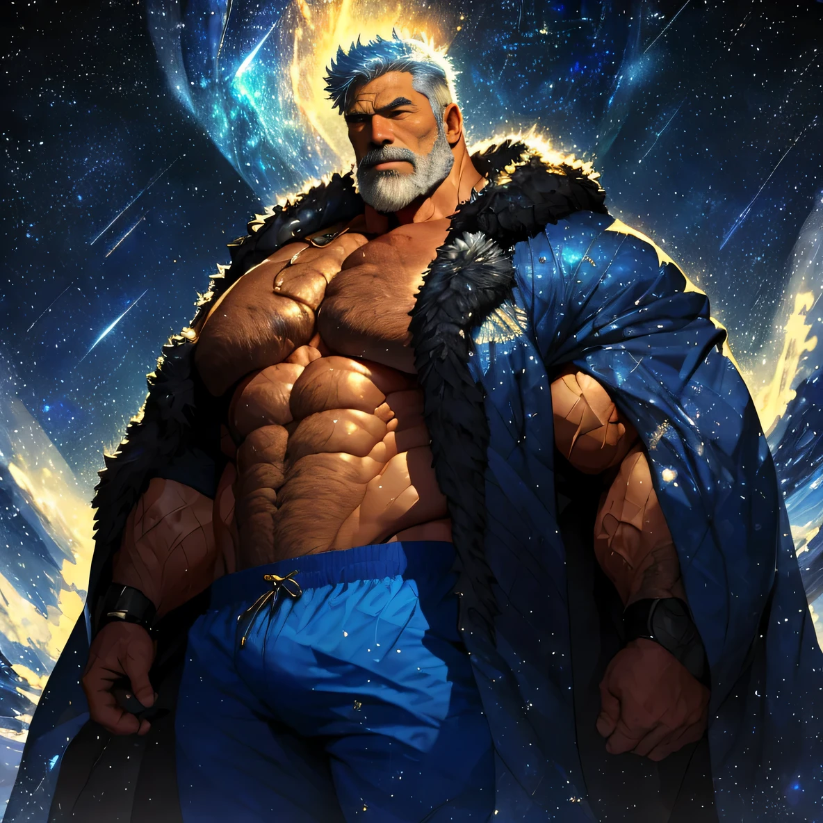 A big one, muscular old man，Fifty-five years old，royal blue tights，gold trim，He exposed his muscular chest，He showed off his great pecs，Energetic，Behind him are the brilliant starry sky and the cold polar regions