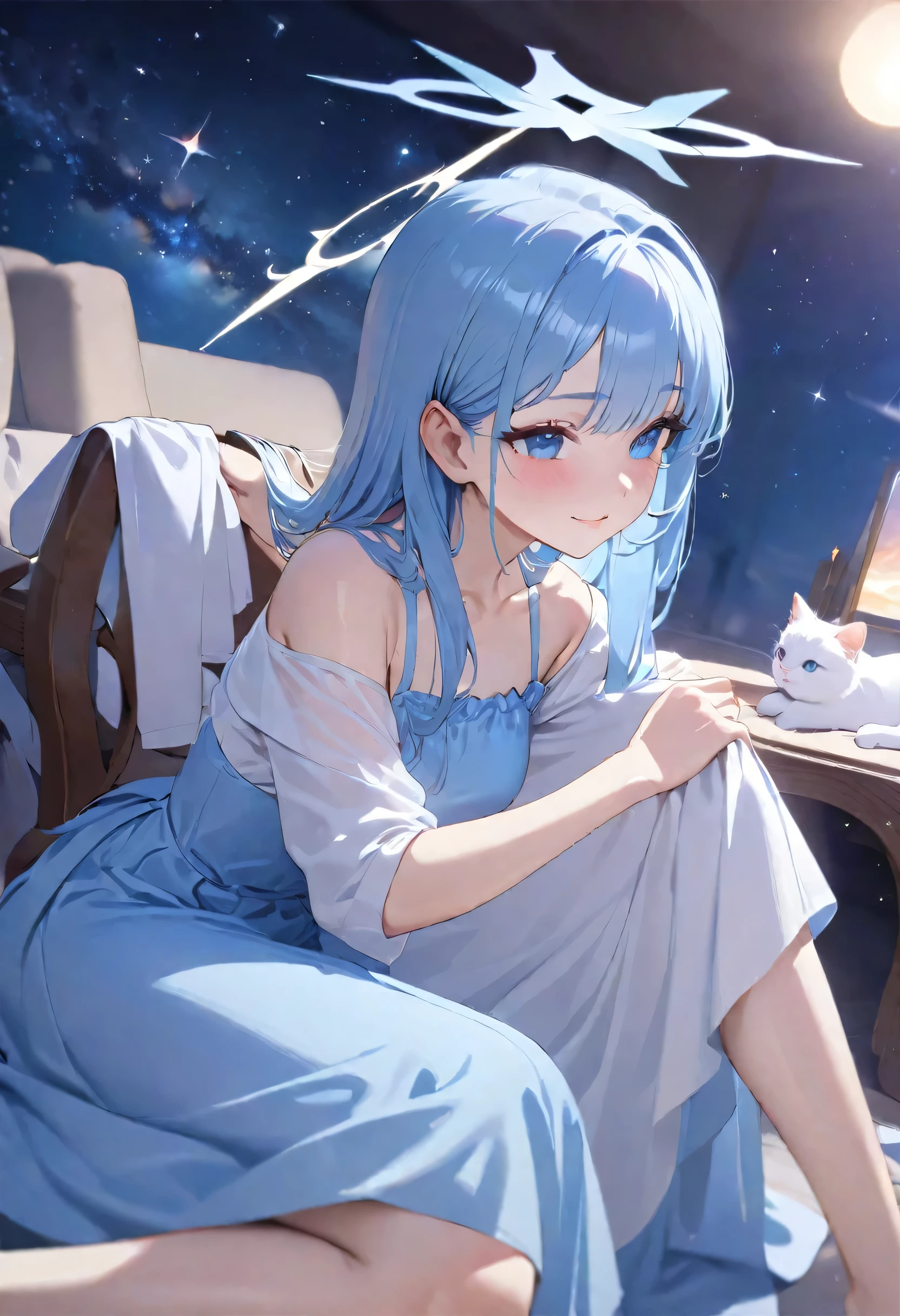 best quality,4K,8K,High resolution,masterpiece:1.2),super detailed,(actual,lifelike,lifelike:1.37),long blue hair, blue eyes, flowing blue dress, white top,three quarter sleeves, sitting position, girl, comb hair, starry sky background, halo, white cat