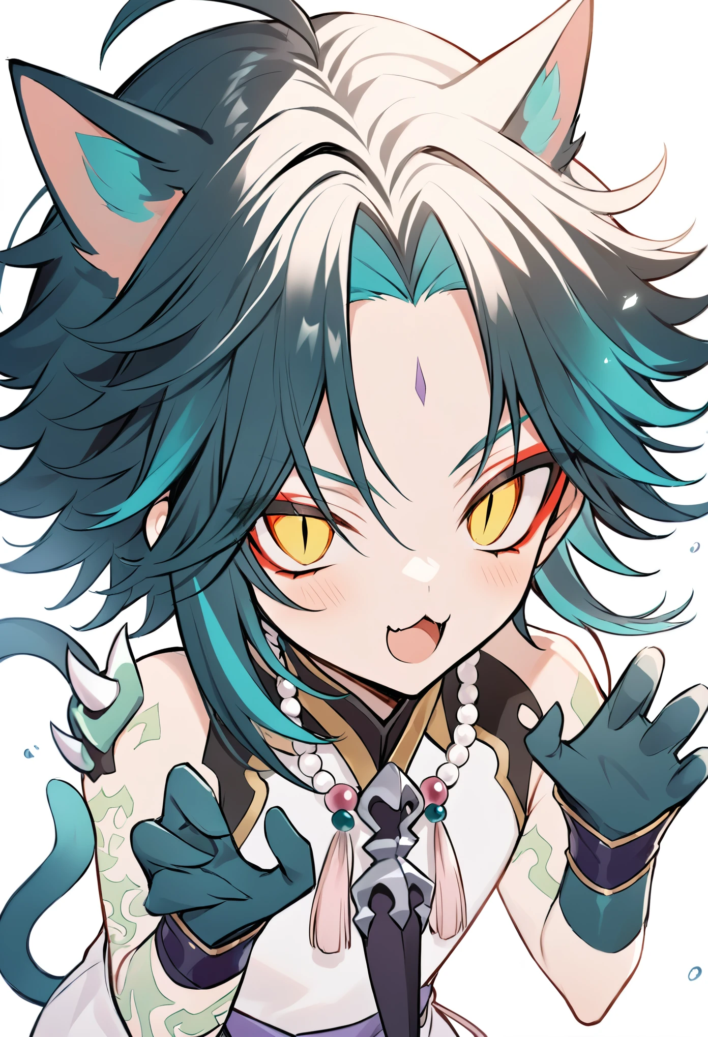 none background, white basic background, cat ear, cat tail, slight blush, craw pose, open mouth, meow mouth, :3, five finger, (\xiao\), 1boy, solo, male focus, jewelry, beads, bead necklace, ahoge, bangs, tassel, makeup, red eyeshadow, slit pupils, eyeshadow, Perfect Hands