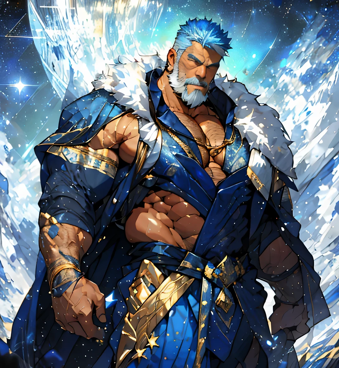 A big one, muscular old man，Fifty-five years old，royal blue tights，gold trim，He exposed his muscular chest，He showed off his great pecs，Energetic，Behind him are the brilliant starry sky and the cold polar regions