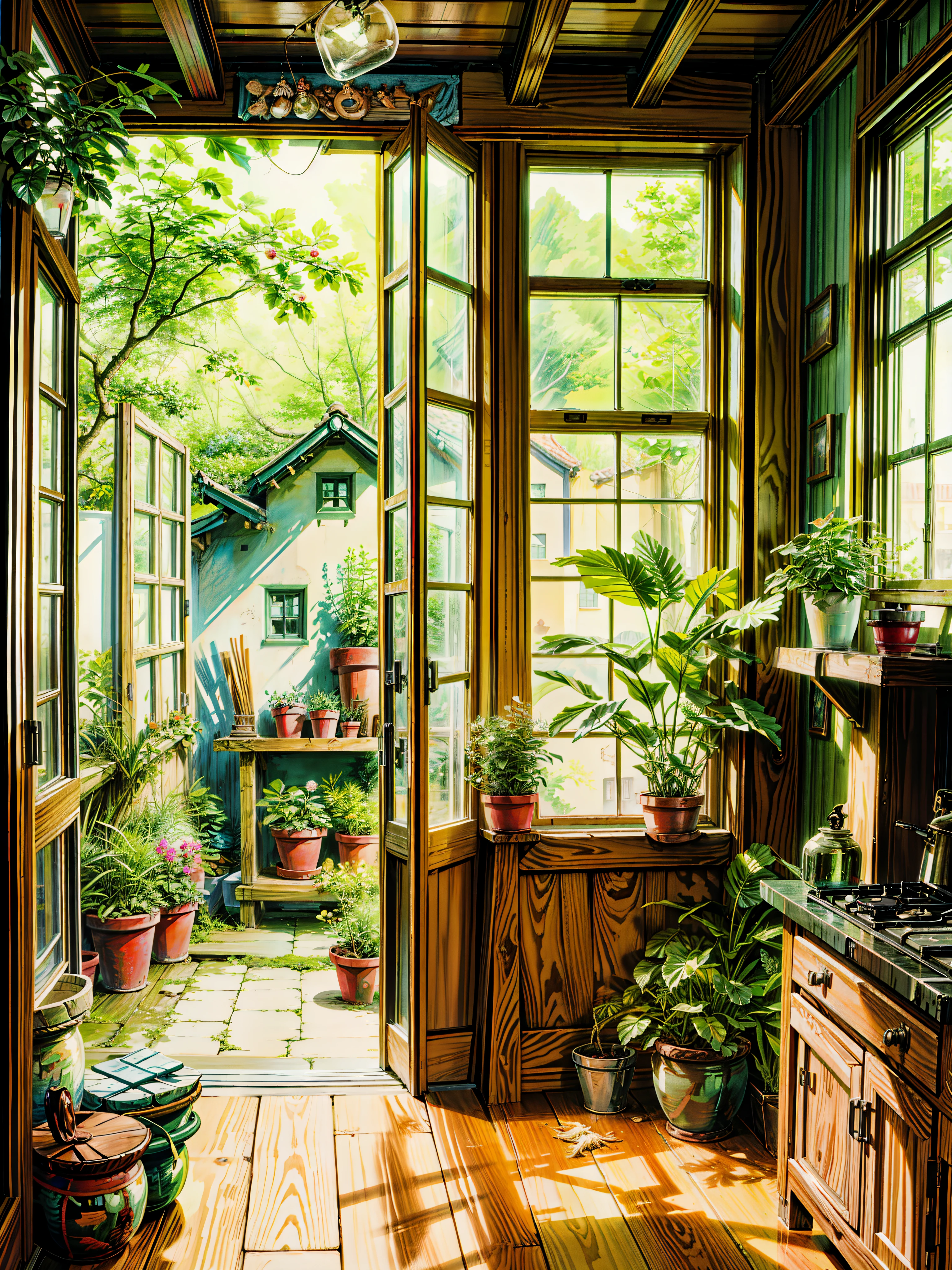 Painting of a living room filled with lots of potted plants, traditional korean interior, studio ghibli environment, cozy home background, studio ghibli sunlight, sunny environment, photorealistic room, gorgeous sunlight and shadows, realistic garden, idyllic cottage, pleasant cozy atmosphere, cute room, serene and peaceful style, cute style garden, beautiful sunlight and shadows, by Evgeny Lushpin, green terrace p,beautiful art uhd 4 k, a beautiful artwork illustration, beautiful digital painting, highly detailed digital painting, beautiful digital artwork, detailed painting 4 k, very detailed digital painting, rich picturesque colors, gorgeous digital painting