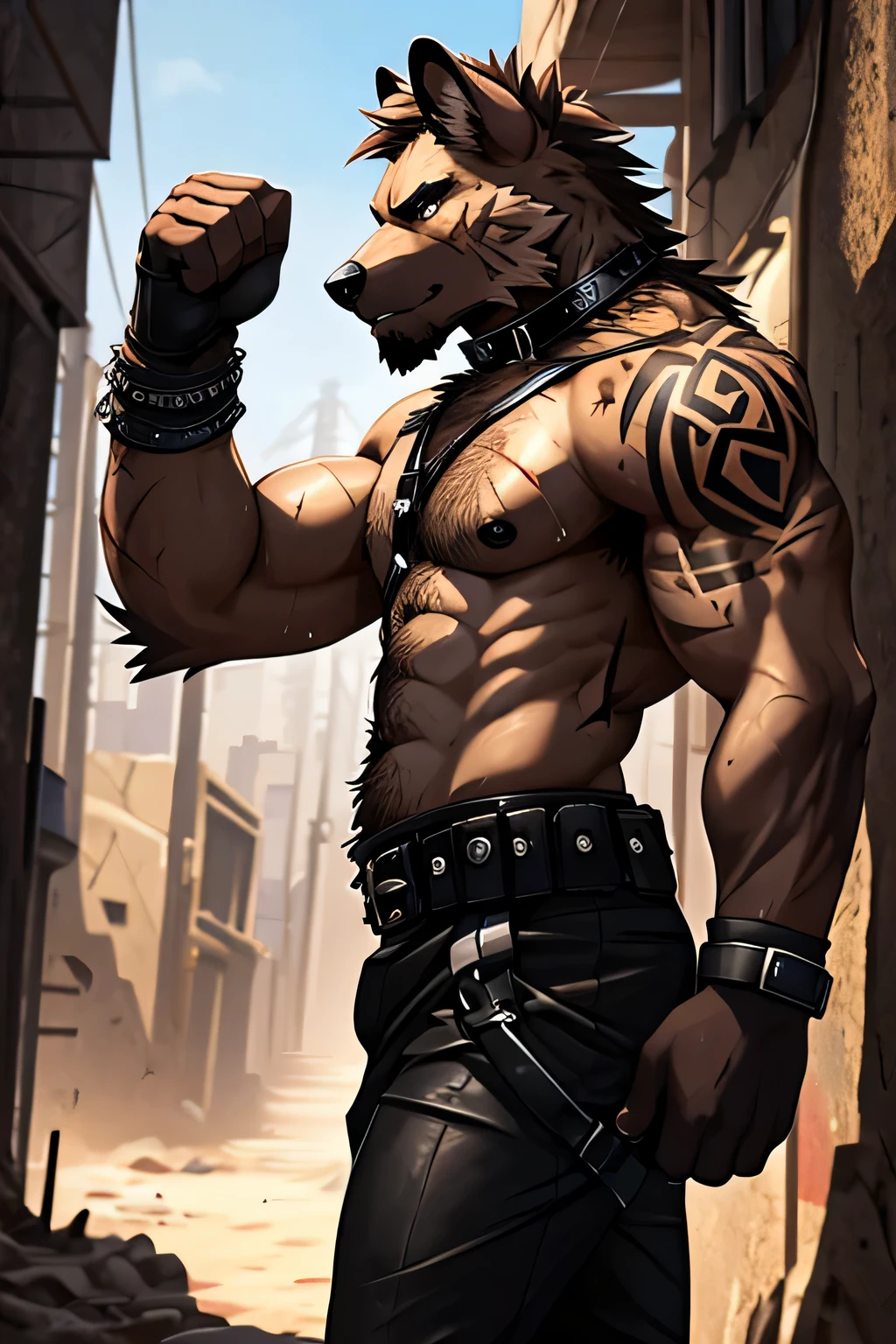 Masterpieces, furry, male, Anthropomorphic, spotted hyena, veiny, slender body type, Delicate eyes, goatee, grizzled fur, glistening body, terrorist, thug, punk, depth of field, perfect lighting, (best quality),(masterpiece),(ultra detailed), sharp focus, detailed wasteland background, shirtless, black nipples, fierce look, scars, black gloves, tight black shorts, veiny calves, black collar, hairy furry armpits, raise an arm pose, tattoo, glossy oiled up skin, sweating, wet, utility belt, belt harness