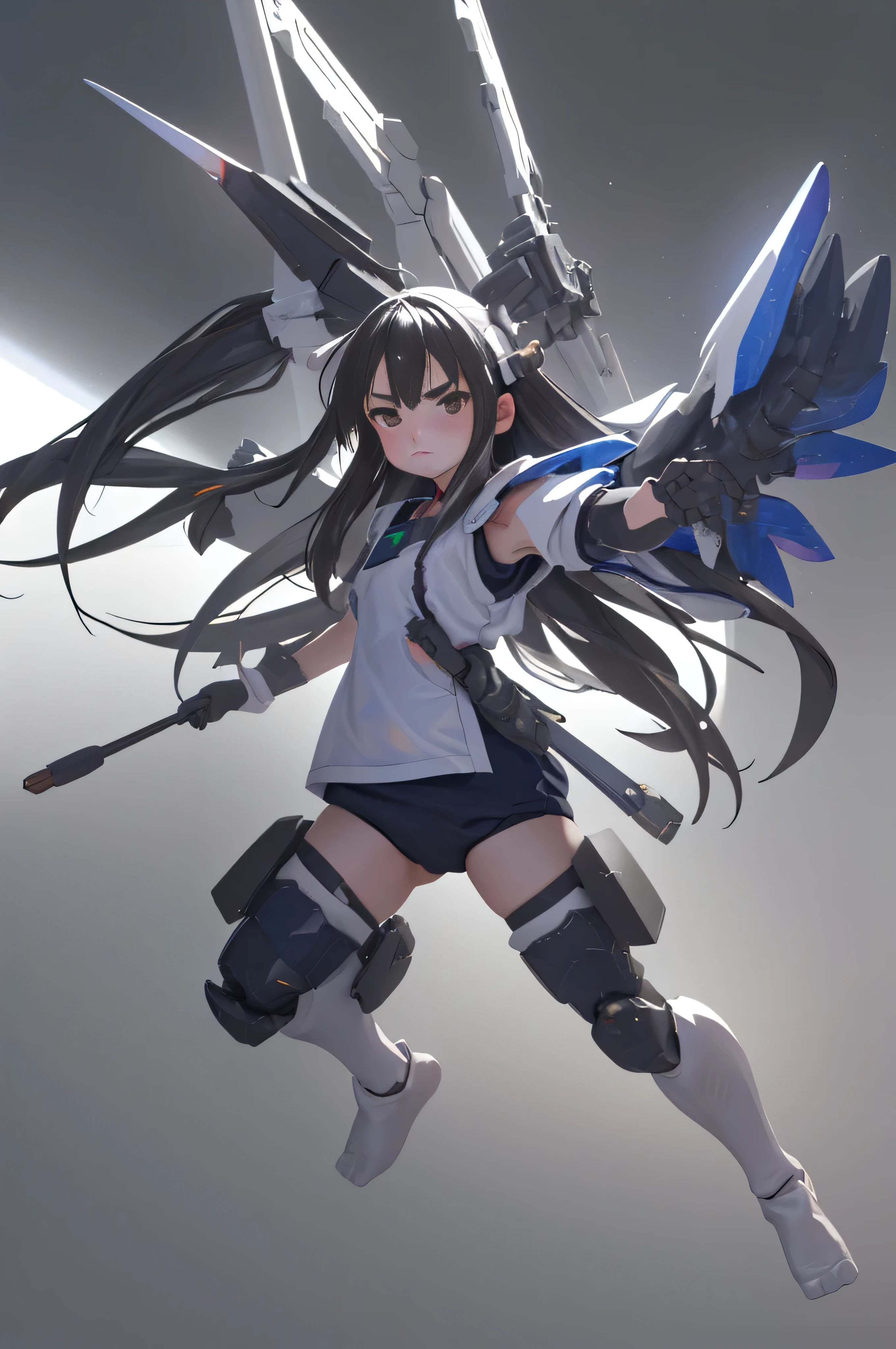 (highest quality)), ((masterpiece)), (very detailed: 1.3), 3D, {(one girl)}, (Wearing dark blue bloomers and white gym clothes、Add a colored hem to the bottom of the armor:1.2), (black hair:1.5), (Fusion with future Gundam mecha:1.2), with headgear, With V fins , armored shoulder,Equipped with armor under the armpits, Armor is attached under the legs, short sleeve, Two huge weapons are attached to its back.., Leg-mounted weapon module, Perfect proportions with multi-layered texture, octane rendering, Duotone lighting, Low ISO, wide aperture, White balance, Rule of thirds, Ultra HD16K, HDR (high dynamic range), ray tracing, NVIDIA RTX, super resolution, scattered below the surface, PBR texturing, Post-processing, anisotropic filtering, written boundary depth, maximum clarity and clarity, High efficiency subpixel, subpixel convolution, particles of light, scattered light, Tyndall effect, full body:1.5, battle pose, cute, (cute:1.2), (long hair:1.3),thick eyebrows, bright colored iris, big, shining black eyes, long eyelashes, small, pale natural lips, (Average Japanese idol face), (日本人特有のbaby face:1.3), (baby de forehead:1.2, plump cheeks, small chin, in the hangar,looking at the viewer,focus on the eyes