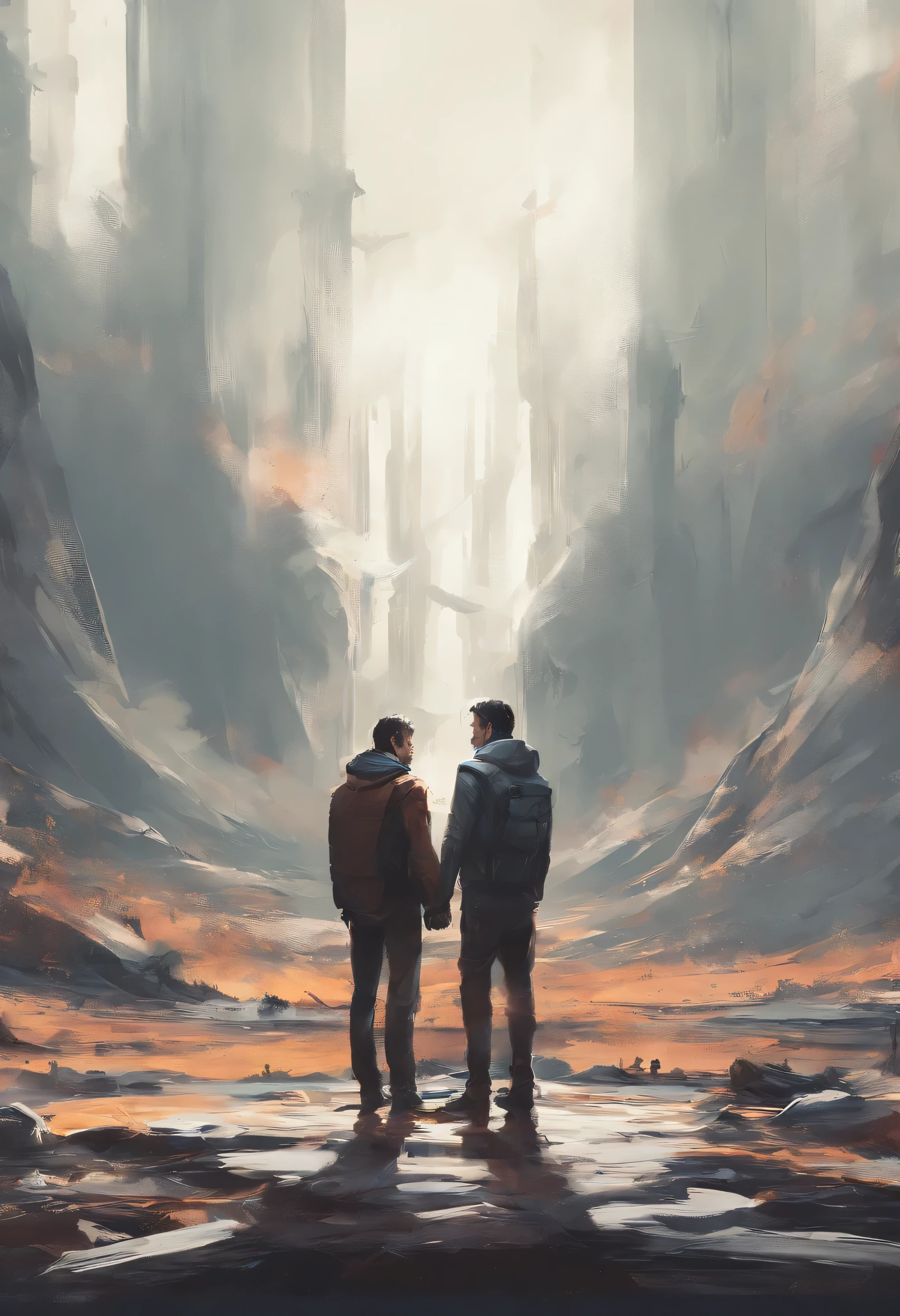 Man and man standing, hugging each other, wide angle shot.