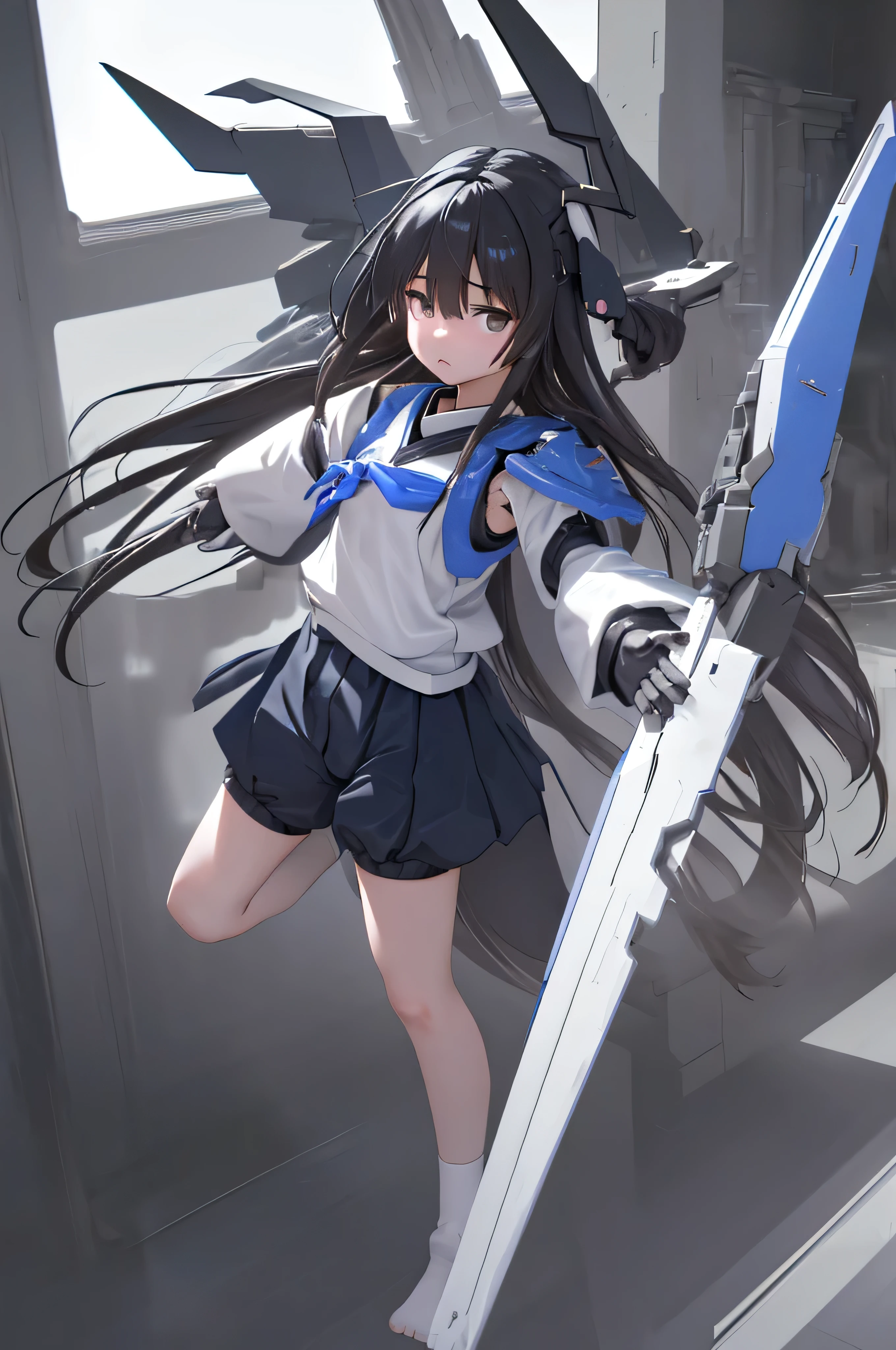 (highest quality)), ((masterpiece)), (very detailed: 1.3), 3D, {(one young girl)}, (Wearing dark blue bloomers and white gym clothes、Add a colored hem to the bottom of the armor:1.2), (black hair:1.5), (Fusion with future Gundam mecha:1.2), with headgear, With V fins , armored shoulder,Equipped with armor under the armpits, Armor is attached under the legs, short sleeve, Two huge weapons are attached to its back.., Leg-mounted weapon module, Perfect proportions with multi-layered texture, octane rendering, Duotone lighting, Low ISO, wide aperture, White balance, Rule of thirds, Ultra HD16K, HDR (high dynamic range), ray tracing, NVIDIA RTX, super resolution, scattered below the surface, PBR texturing, Post-processing, anisotropic filtering, written boundary depth, maximum clarity and clarity, High efficiency subpixel, subpixel convolution, particles of light, scattered light, Tyndall effect, full body:1.5, battle pose, cute, (cute:1.2), (long hair:1.3),thick eyebrows, bright colored iris, big, shining black eyes, long eyelashes, small, pale natural lips, (Average Japanese idol face), (日本人特有のbaby face:1.3), (baby face), wide forehead:1.2, plump cheeks, small chin, in the hangar,looking at the viewer,focus on the eyes 