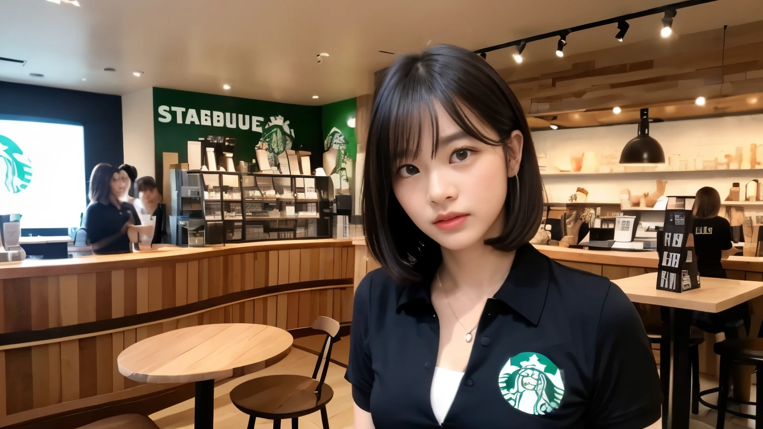((highest quality、8K、masterpiece:1.3))、sharp focus:1.2、beautiful woman with perfect body:1.4、((layered haircut))、、(black polo shirt)、(Inside the Starbucks store:1.2)、Highly detailed face and skin texture、 detailed eye、double eyelid、sunburned肌、Sexy、sunburned