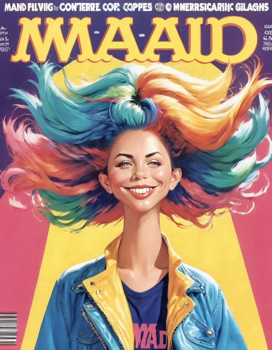 Magazine Cover, aesthetic, mad-magazine-cover, (a girl with) vibrant colorful hair, striking pose, stylish clothes, confident smile, dynamic background, (high fashion),(realistic),(studio lighting), (best quality,4k,highres), (portrait)