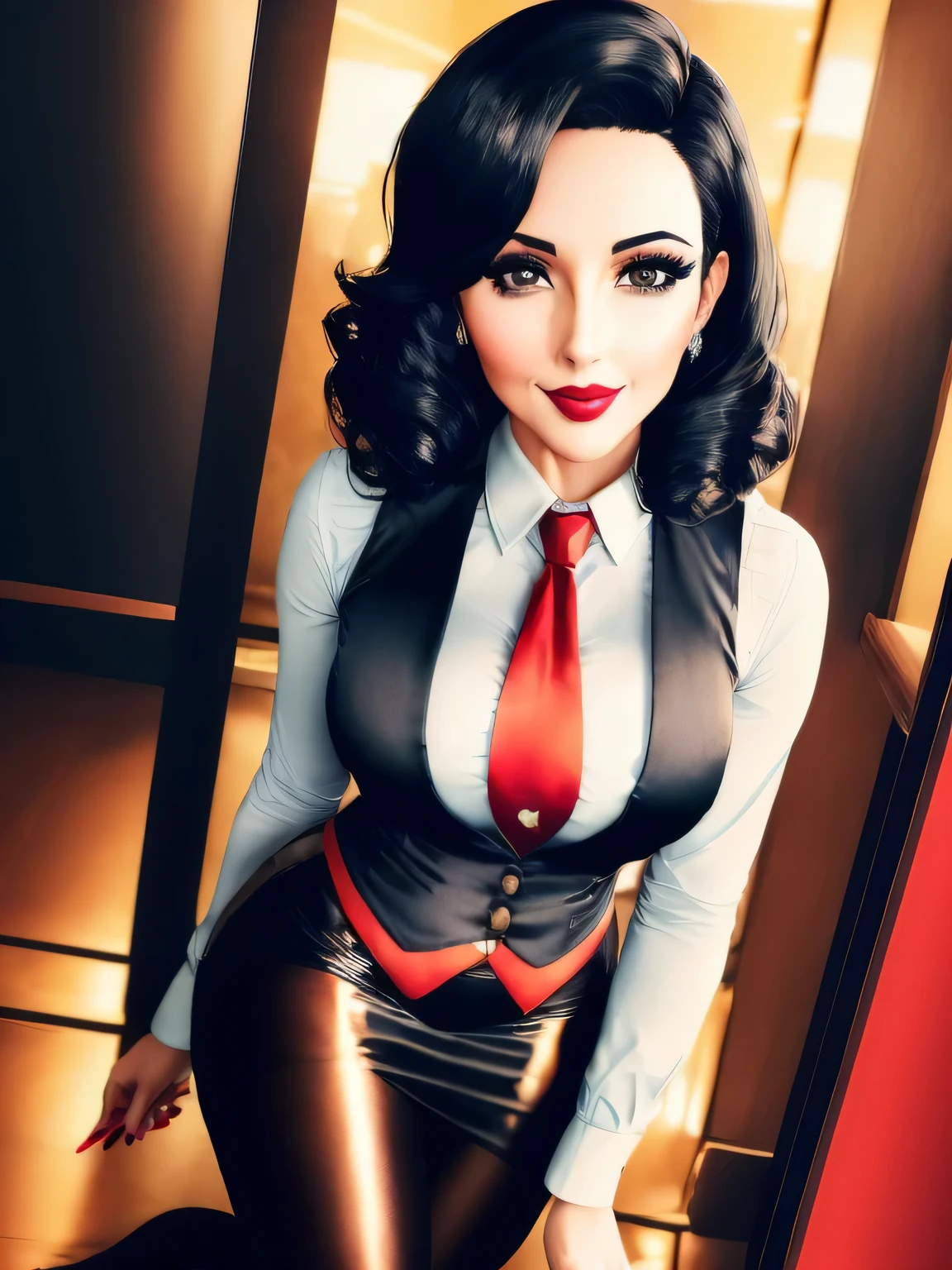 Elizabeth comstock, Portrait, smiling a viewer, (dessous), red lipstick, at detectives office, noire (8k, RAW photo, best quality, masterpiece:1.2),ultra-detailed, (high detailed skin:1.2), 8k uhd, dslr, soft lighting, high quality, 1 girl, cigarette, (((black pinstripe suit))), skirt suit, (((three-piece suit))), (((blazer))), jacket, red necktie, (((waistcoat))), bodycon pencil skirt, tights, pantyhose, textured pantyhose, cross pattern pantyhose, kneeling, bukkake, (((cum on face))), covered in cum, sticky, messy, facial, sticky face, semen covered, wet face, cum drenched