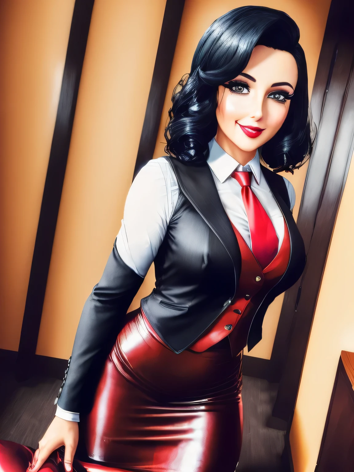 Elizabeth comstock, Portrait, smiling a viewer, (dessous), red lipstick, at detectives office, noire (8k, RAW photo, best quality, masterpiece:1.2),ultra-detailed, (high detailed skin:1.2), 8k uhd, dslr, soft lighting, high quality, 1 girl, cigarette, (((black pinstripe suit))), skirt suit, (((three-piece suit))), (((blazer))), jacket, red necktie, (((waistcoat))), bodycon pencil skirt, tights, pantyhose, textured pantyhose, cross pattern pantyhose, kneeling, bukkake, (((cum on face))), covered in cum, sticky, messy, facial, sticky face, semen covered, wet face, cum drenched