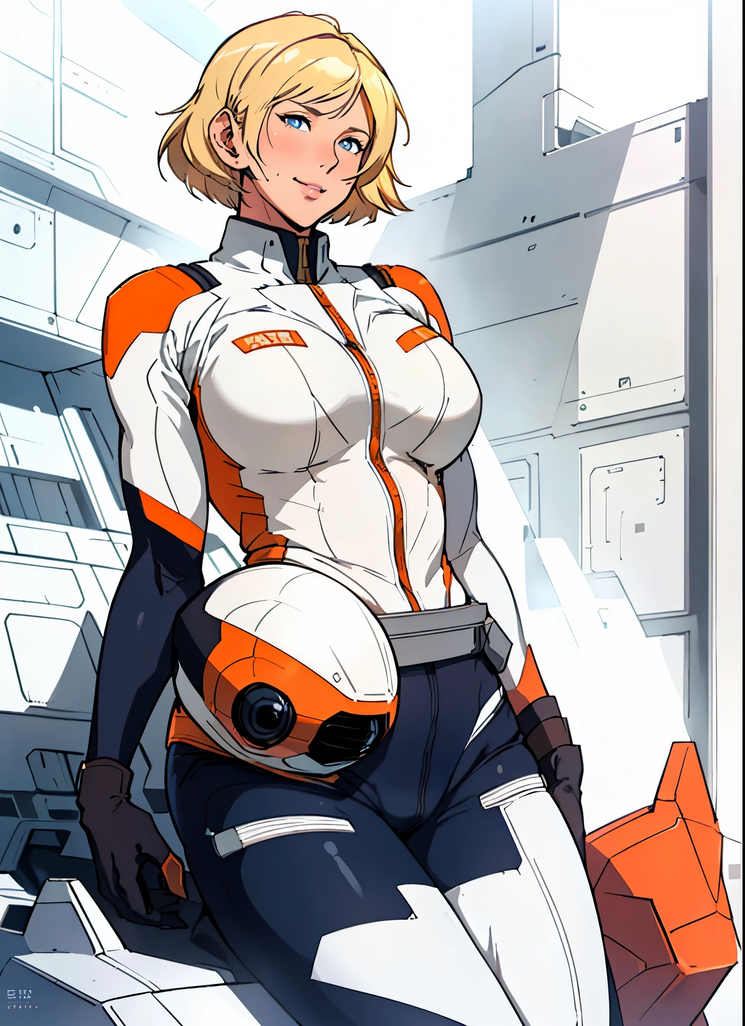 masterpiece, ultra quality, Beautiful detailed, extremely detailed,16K, exquisite, absurdity, highres, Beautiful background, Beautiful eye, Beautiful skin, anime style, Color、((1 girl), Sayla Mass, elegant), (magazine:1.3), Bending waist、woman'whole body、see the beholder, mature woman,、bright smile、shy、blush、expression of ecstasy、erotic、charm的な、charm、bob short、bangs、shiny blonde hair、blue eyes、length, shapeの良いまつげ、perfect eyes、length slit eyes、glossy pale pink lips、(Plump slender body of a mature woman、plump body:1.3、shiny skin、beautiful big breasts:1.1、thin waist、beautiful butt、thick thighs、beautiful length legs)、perfect arms、perfect hands、perfect fingers、perfect body shape、perfect anatomy、(((orange pilot suit, Detailed Mekosuji)))、cameltoe、perfect hands、sweaty、sweaty、 vapor、vapor、The inside of my thighs feel stuffy、NSFW, cowboy shot, no gravity, shape, cinematic lighting、diffused lighting, practical light, (background is blurry:1.1)、A large window with a view of outer space、((Inside the spaceship))、sharp focus、fisheye lens、thick line、highest quality, confused, good quality、realistic, ultra high resolution, masterpiece、HDR、UHD、8K