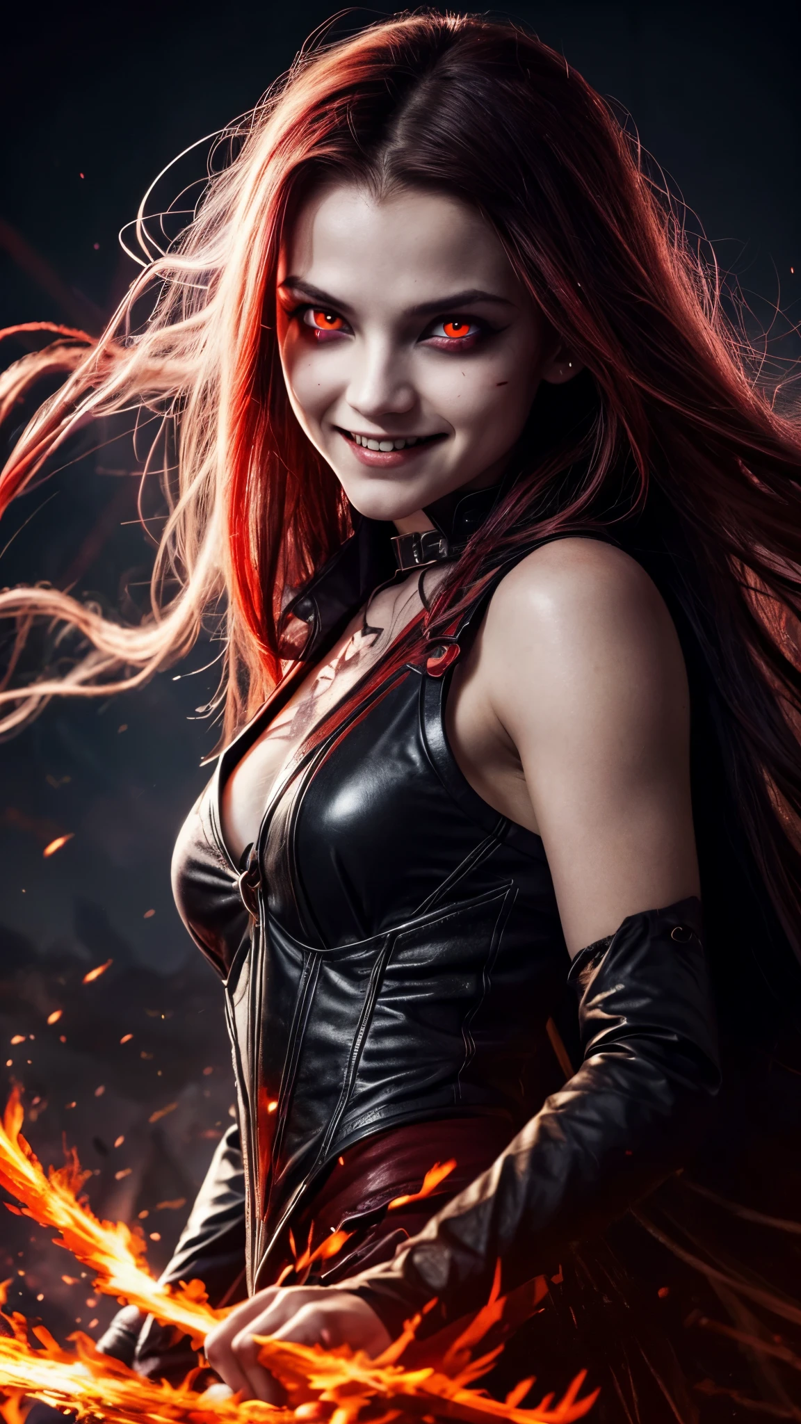 1girl, flying hair, red eyes, fire witch, blood on face, light particles, lightning rays, wallpaper, colorful, high contrast, vampire, smirk, evil smile, psychopathic smirk, psychopathic smile, tilted head
