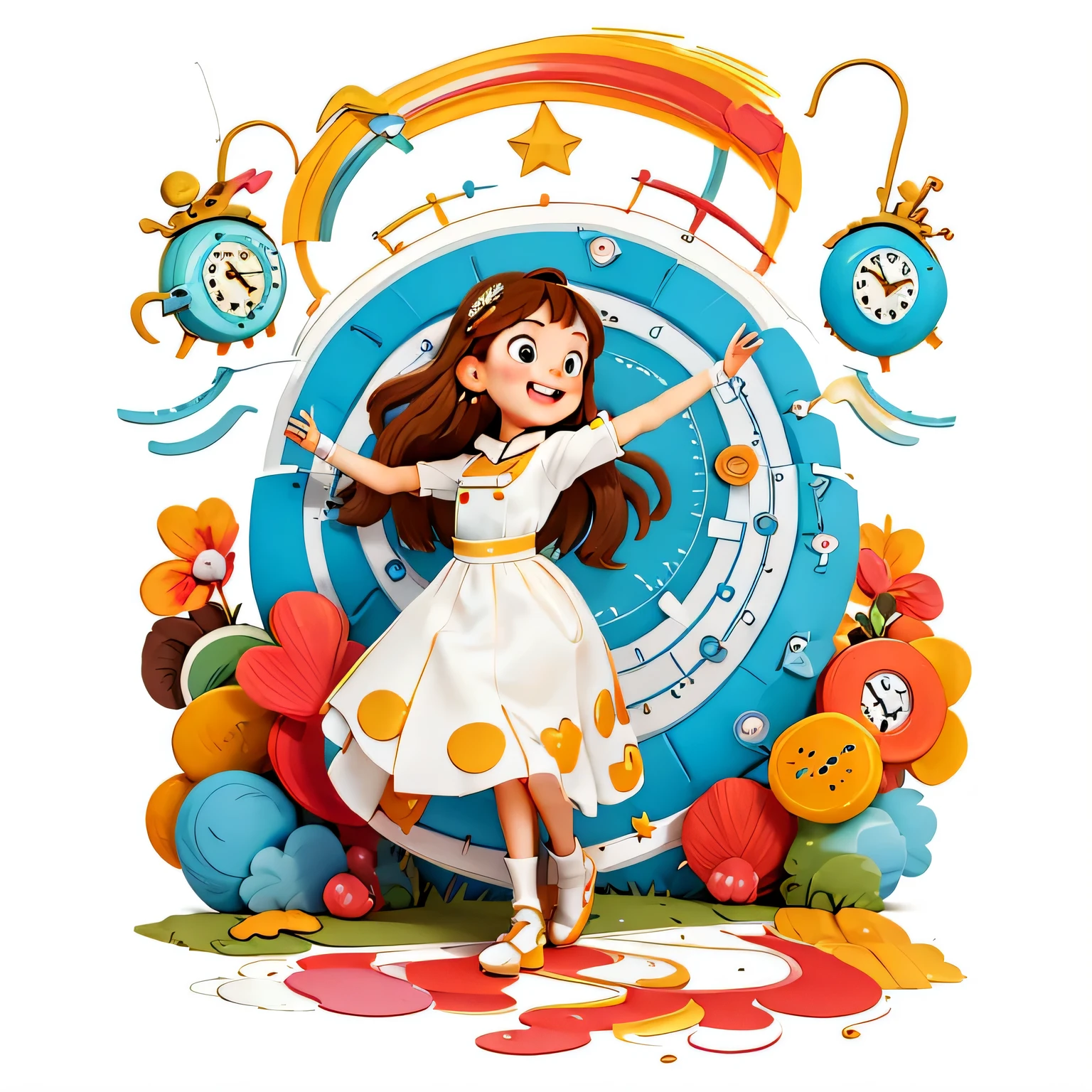 Girl with long brown hair,Wearing a white wedding dress,(Wear a long skirt),in the time tunnel,rich and colorful,dance(There is love)happy,surrounded by clocks,(surrounded by love),logo,vector,line art,design,inspiration,straight line,cheap
