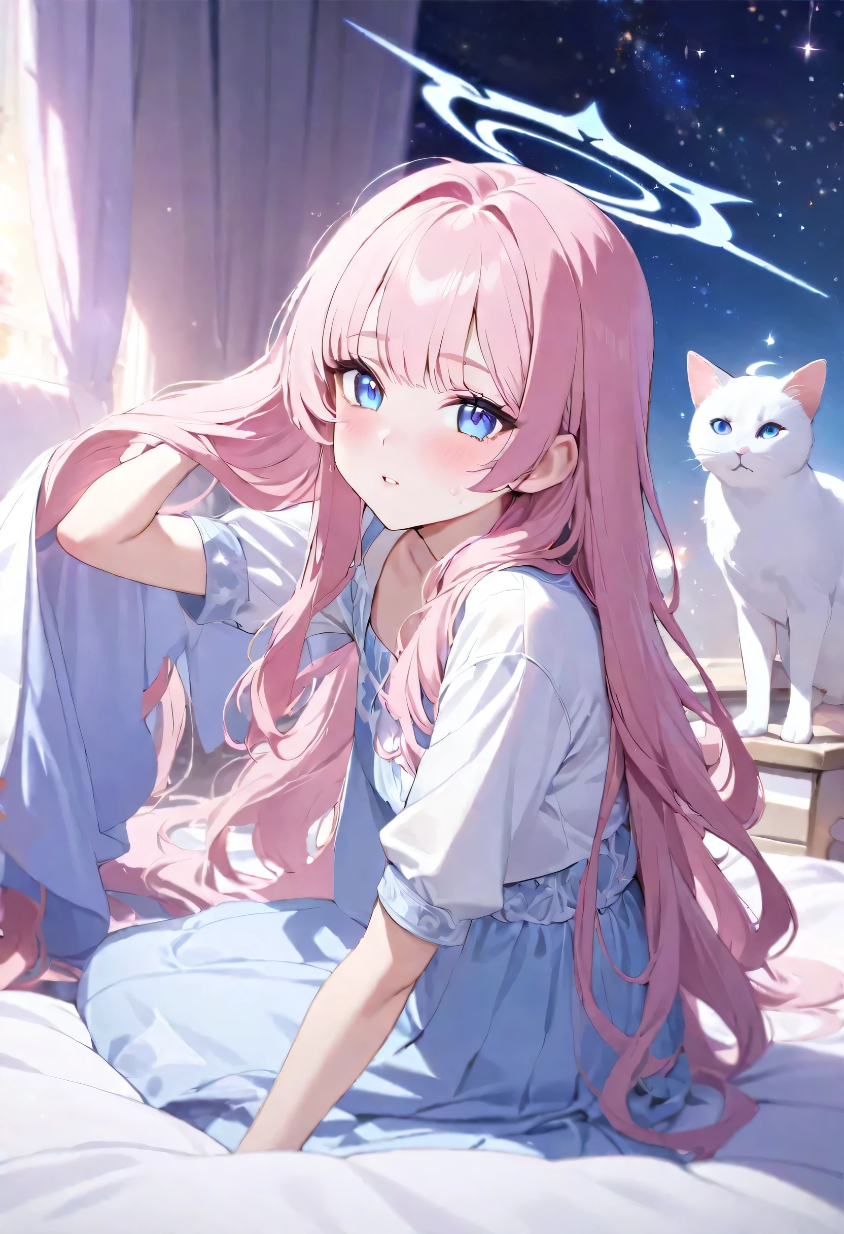 best quality，4K，8K，High resolution，masterpiece：1.2），super detailed，（actual，lifelike，lifelike：1.37），Anime girl with pink hair and blue eyes lying on the bed,  flowing blue dress， white top，three quarter sleeves， sitting position， teenage girl， comb hair， starry sky background， halo， white cat，beautiful anime face, anime grandma, Portrait anime girl, Very cute anime girl face, Stunning anime face portraits