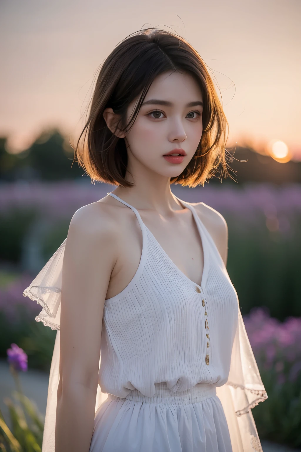 ((best quality,highest resolution,unified 8k,masterpiece:1.4))panoramic,original photo,real,a girl,Short flowing hair,(random clothes),Hair scattered by the wind,medium ,rosy lips,white shiny skin,Upper body,blurred background,Lavender,dusk,halo
