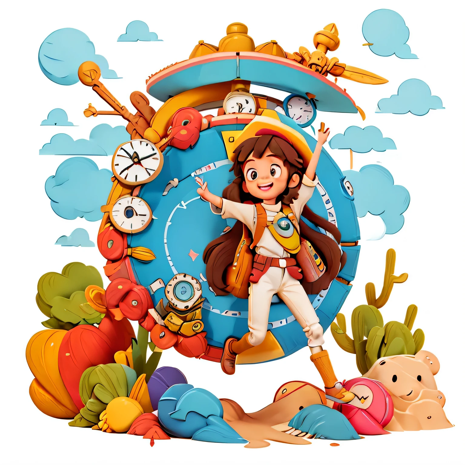 Girl with long brown hair,Put on your adventure clothes,(traveling in desert),in the desert,compass,camping backpack(There is love)happy,surrounded by clocks,(surrounded by love),logo,vector,line art,design,inspiration,straight line,cheap