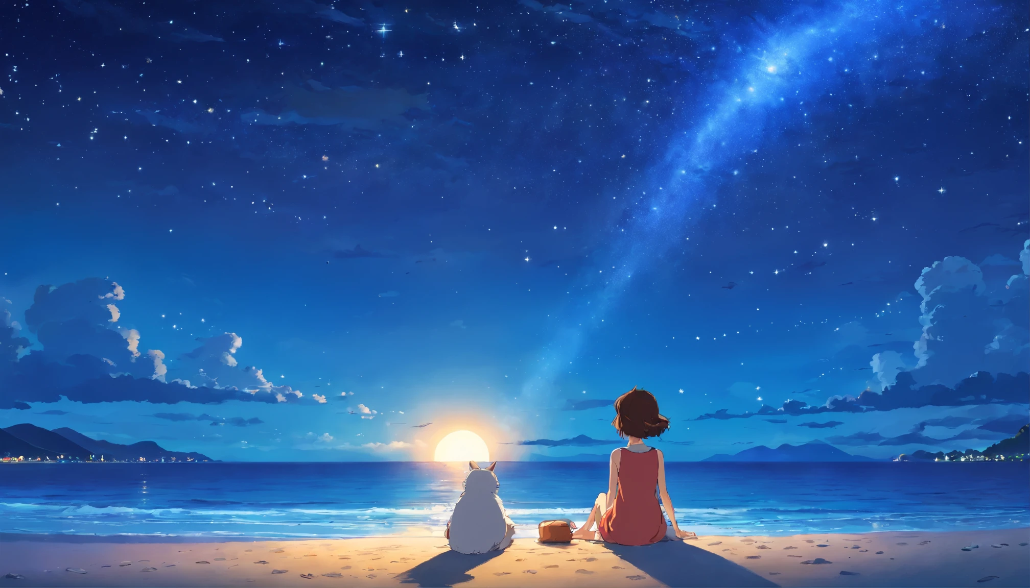 Summer night, seaside, starry sky, woman sitting on the beach, looking up at the sky