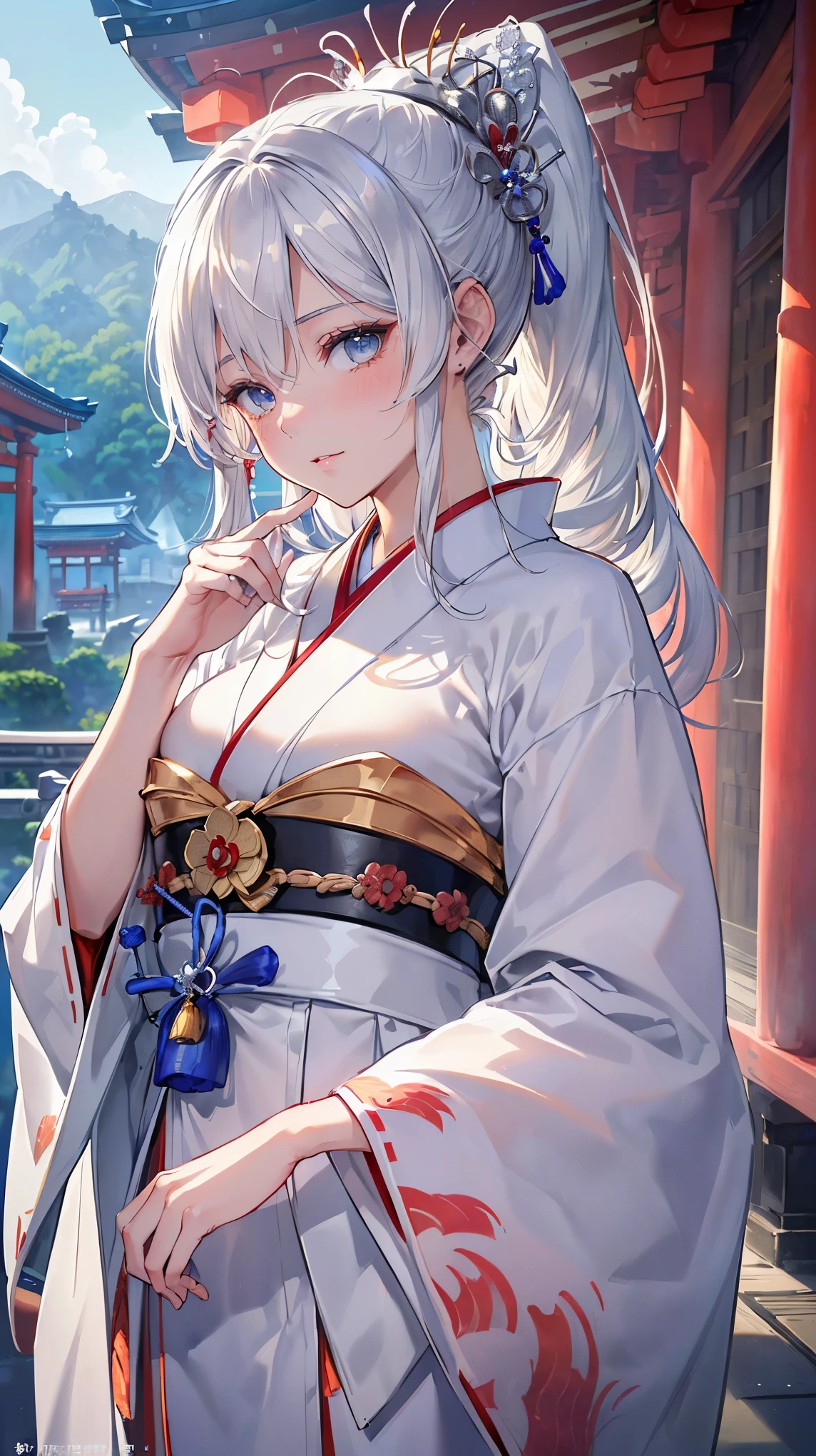 (((Masterpiece))), (((Highest quality))), ((Ultra-detailed)), ((Super fine illustration)), ((Ultra-fine painting)), (16K highest quality wallpaper:1.4), (Upper body:1.6), HDR, (Highly detailed and delicate illustration style:1.8), Detailed skin texture, Detailed cloth texture, Extreme detailed description, (T-masterpiece), (Highly detailed face:1.2), (Highly detailed silver fox ears:1.2), (Highly detailed shiny ponytail:1.2), (Highly detailed beautiful eyes:1.2), (Highly detailed silver nine tails:1.2), Original, RAW photo, Professional, Intricate details, Super details, Direct light:1.6, (Perfect anatomy:1.4), (Highly detailed hands:1.2), (Highly detailed fingers:1.2), (Highly detailed fingertips:1.2), (27-years-old), Real, (Solo:1.6), ((A very beautiful and attractive silver fox fashion model who is a messenger of God and a traditional Japanese sacred shrine maiden:1.4)) BRAKE (Beautiful and adorable silver fox ears:1.6), (Highly detailed and delicate silver fox ears:1.4), (Beautiful and well-shaped big breasts:1.2), (Beautiful and well-shaped buttocks), (Beautiful and shiny silver ponytail:1.6), (Highly detailed and delicate silver ponytail:1.2), (Beautiful clear blue eyes that shine with great detail:1.6), (Highly detailed and delicate blue eyes:1.2), (Highly detailed face:1.4), (Smile:1.3), (Blush:1.2), (Looking at viewer:1.4) BRAKE (Brightly colored and divine traditional shrine maiden costumes at Japanese shrines:1.4), (Japanese divine traditional costume:1.2) BRAKE (Highly detailed and beautiful Ise Grand Shrine in Mie Prefecture just after noon in spring in the background:1.6), Ise Grand Shrine:1.2, Torii gate of Ise Shrine:1.2, Grounds of Ise Shrine:1.2, Highly beautiful in the sunny sky background just after noon:1.2 BRAKE