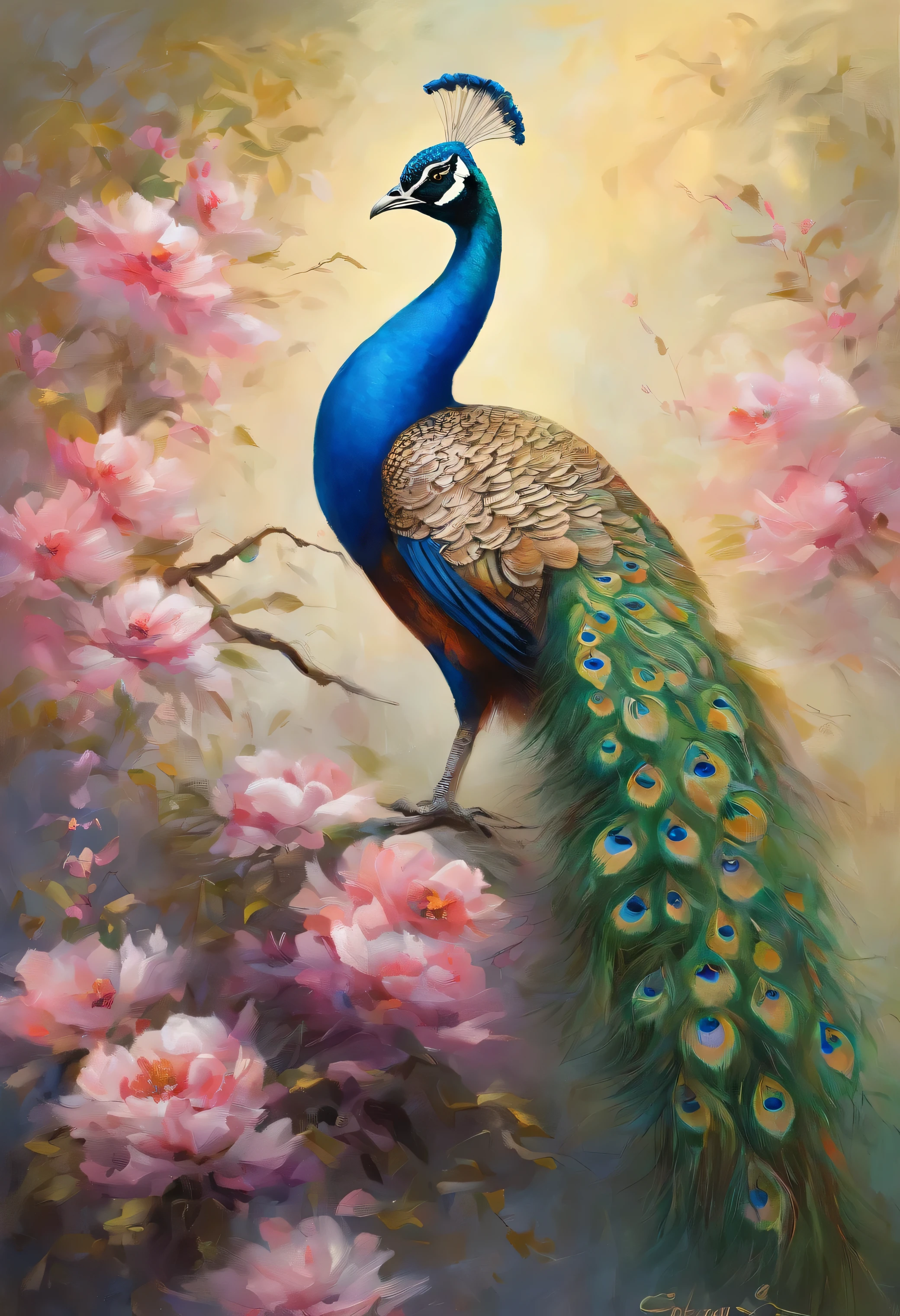 ((masterpiece)), ((best quality)), 8k, high detailed, ultra-detailed, evening light ,Simple colors,a peacock with its tail feathers spread out , Chinese landscape painting style, perfect shadows, spring, vast sky, merging, serene, harmonious, peaceful