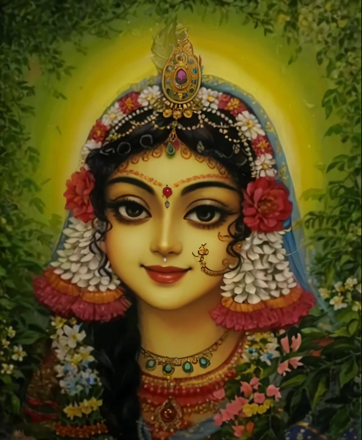 Radharani peeking through leaves, large eyes, divine smile, golden complexion, flowers