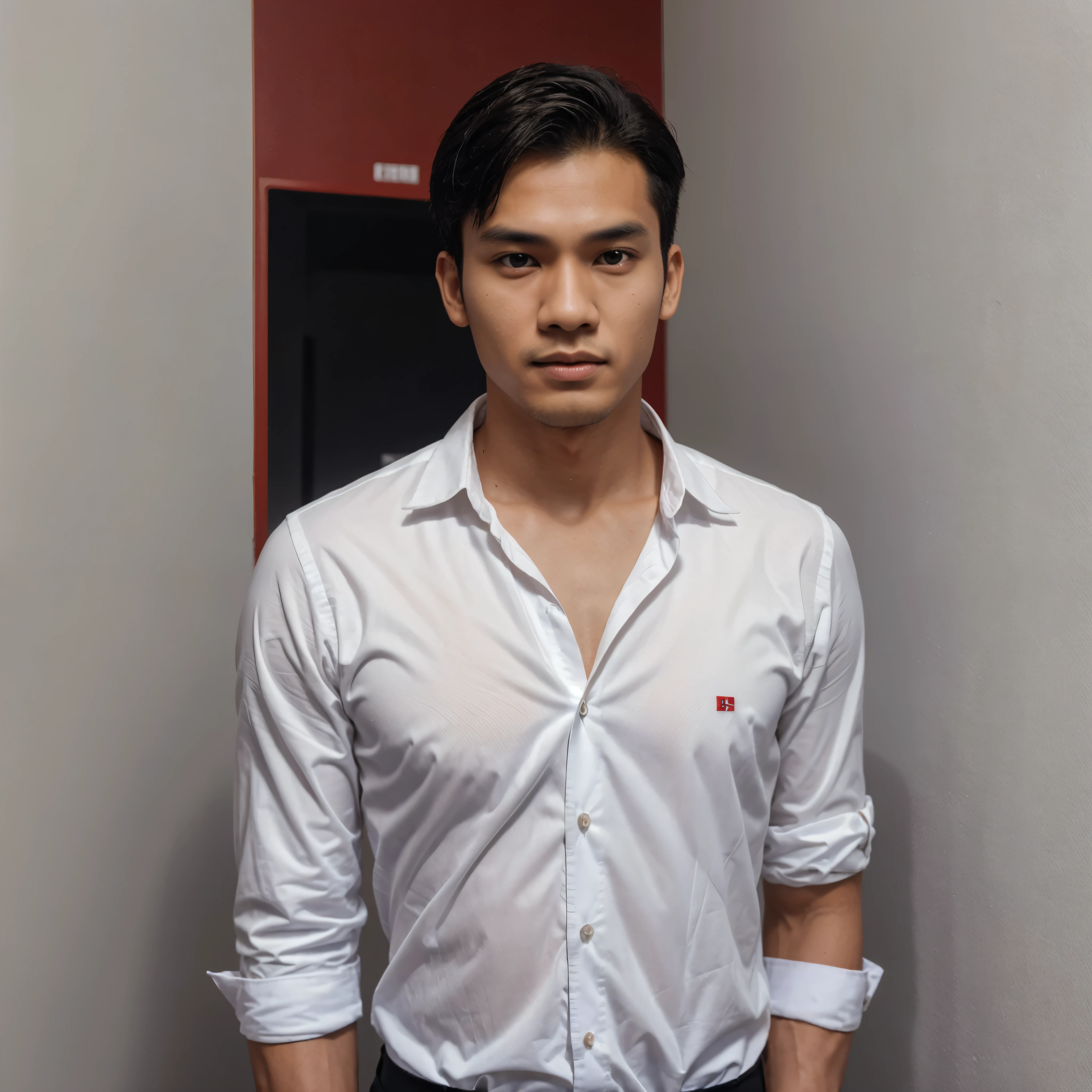Photorealistic passport photo, a 25 year old Indonesianya man with a fit body, fit face, wearing a black suit, white shirt, red tie, medium hair. behind man are blank. The background color is plain bright red, blank background, empty background, without passport book, very realistic, front view. Ultra HD.