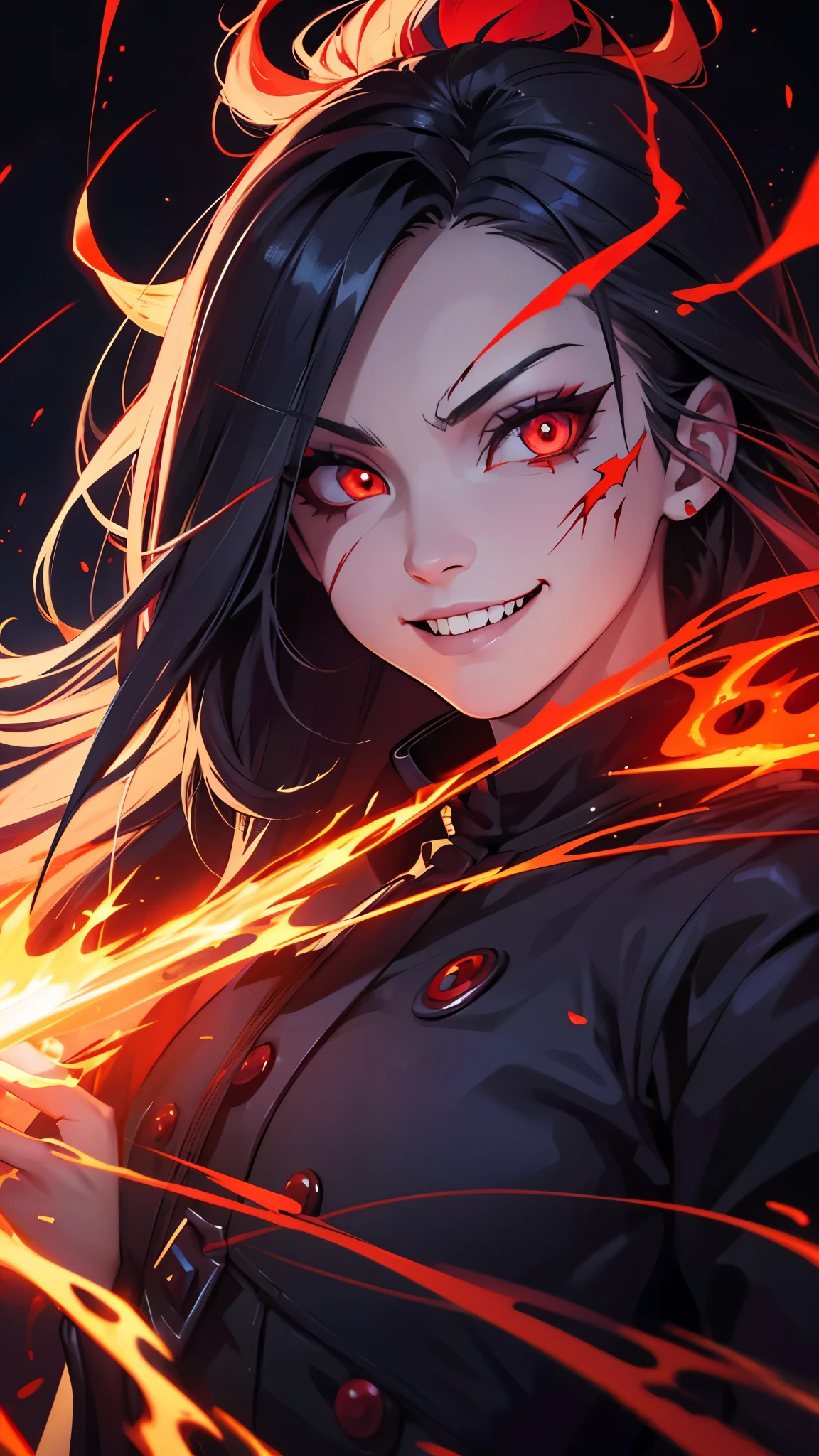 1girl, flying hair, red eyes, fire witch, blood on face, light particles, lightning rays, wallpaper, colorful, high contrast, vampire, smirk, evil smile, psychopathic smirk, psychopathic smile, tilted head