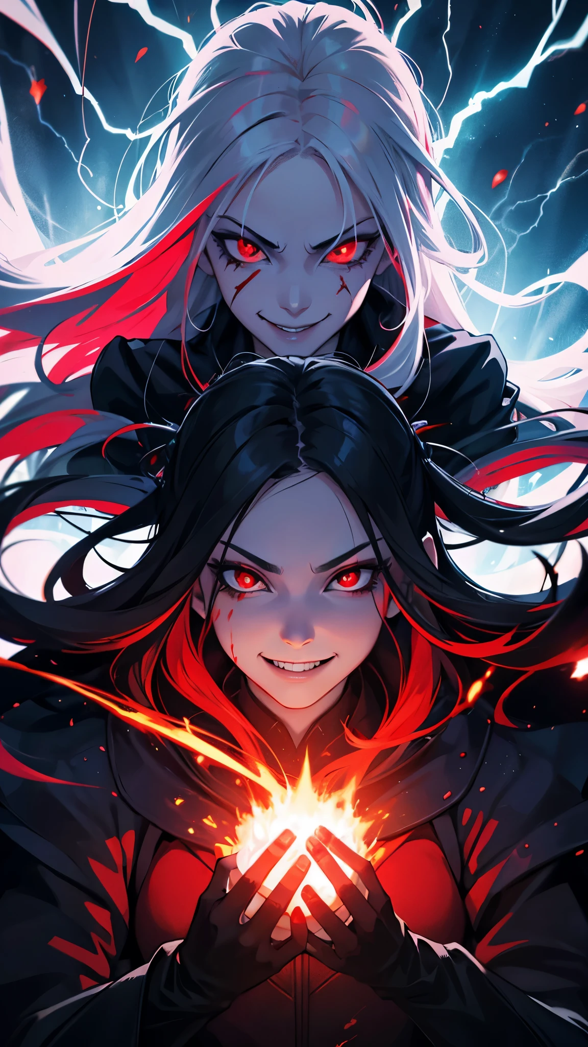 1girl, flying hair, red eyes, fire witch, blood on face, light particles, lightning rays, wallpaper, colorful, high contrast, vampire, smirk, evil smile, psychopathic smirk, psychopathic smile, tilted head