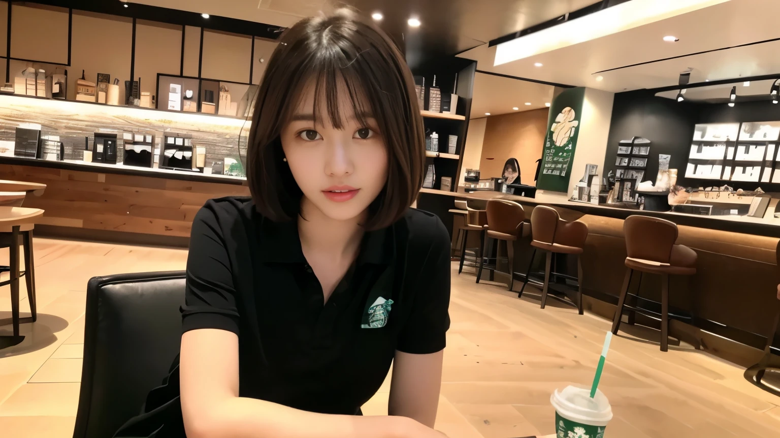 ((highest quality、8K、masterpiece:1.3))、sharp focus:1.2、beautiful woman with perfect body:1.4、((layered haircut))、、(black polo shirt)、(Inside the Starbucks store:1.2)、Highly detailed face and skin texture、 detailed eye、double eyelid、sunburned肌、Sexy、sunburned