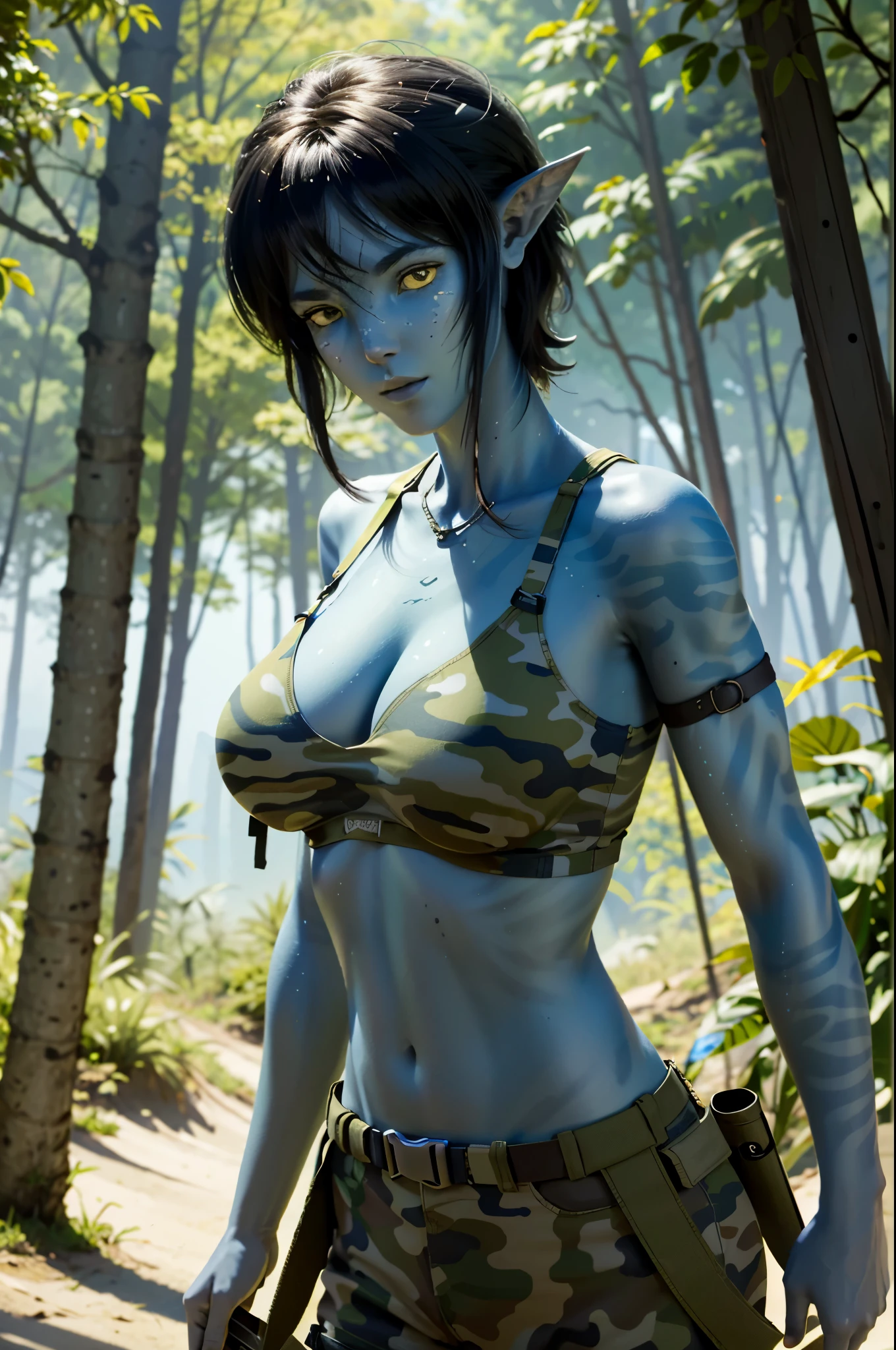 ((ultra detailed, masterpiece, absurdres))
AvKiri, 1girl, deep blue skin, yellow eyes, black hair, short hair, portrait, huge round breasts, in the forest, army, wearing adventurer suit, camoflage, exploration, crop top, bra, massive breasts, military material