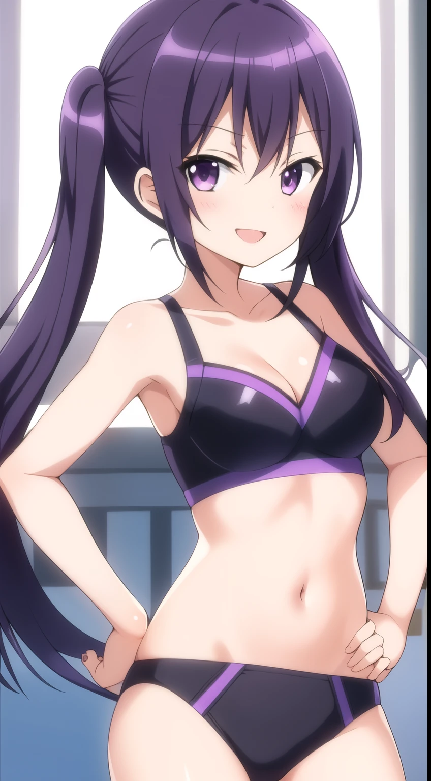 masterpiece, 1girl, solo, smile, smirk, open mouth, (purple black hair), twin tails, race queen, rq, tedeza rize, standing, (hand on own hip), looking at viewer, bra and panties, Intricate Iris Details