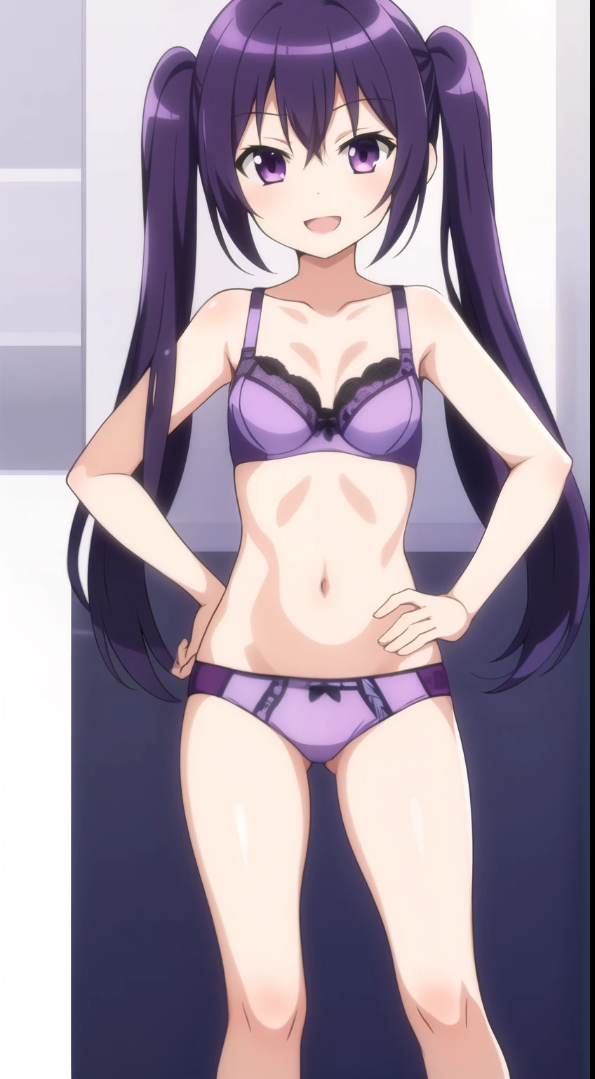 masterpiece, 1girl, solo, smile, smirk, open mouth, (purple black hair), twin tails, race queen, rq, tedeza rize, standing, (hand on own hip), looking at viewer, bra and panties, Intricate Iris Details