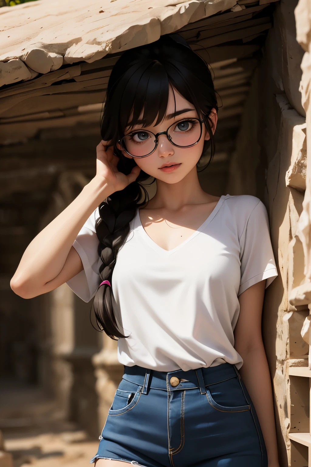 Beautiful young explorer girl, long black hair in a ponytail, bangs, wearing glasses, in an ancient tomb.